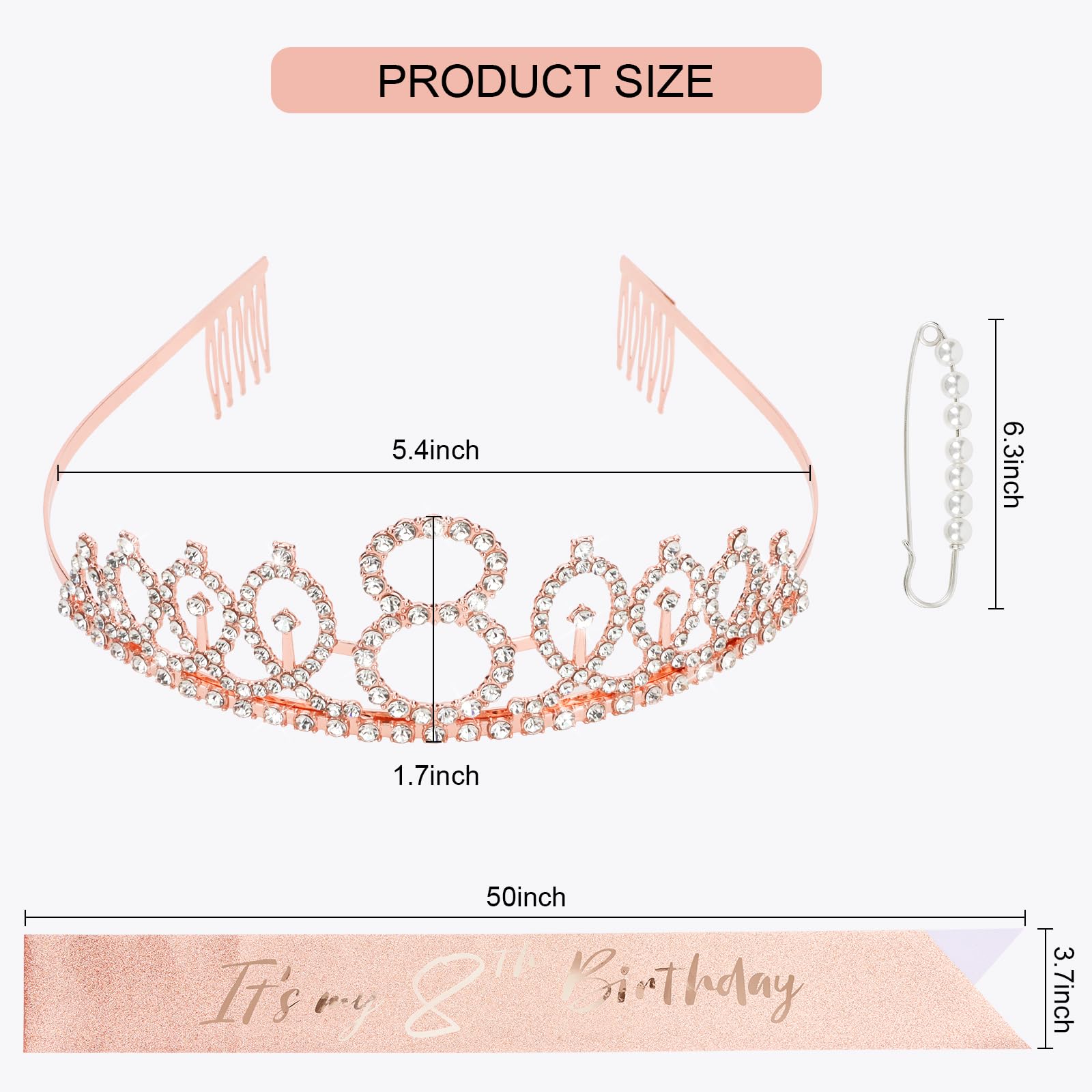 Cieher 8Th Birthday Crown + 8Th Birthday Sash + Pearl Pin Set, 8Th Birthday Gifts For Girls It'S My 8Th Birthday Decorations Wom