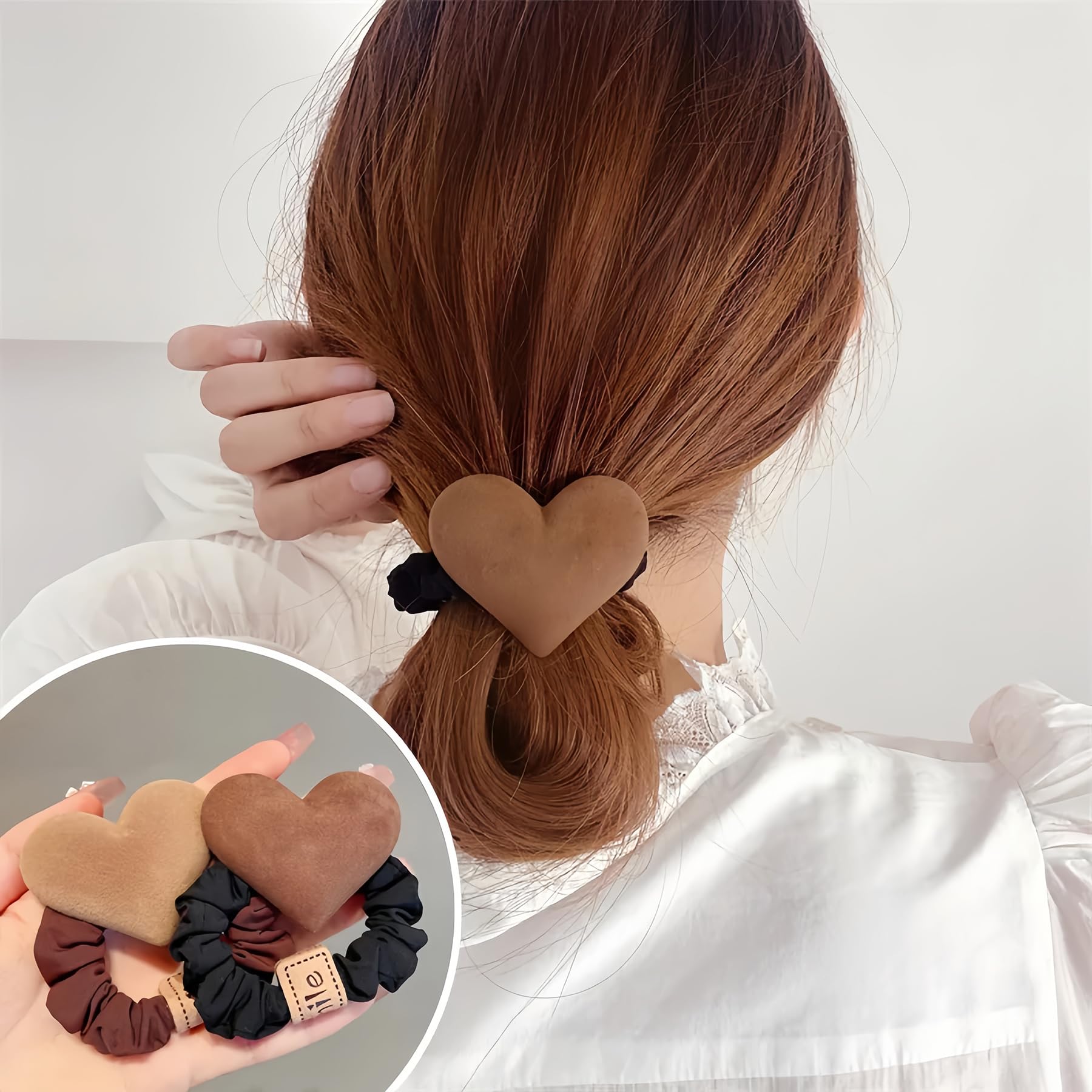 AIUPUOC Valentine Khaki Velvet Heart Hair Ties for Women Heart Hair Scrunchies Korean Hair Rope Headwear Elastic Rubber Hair Ban