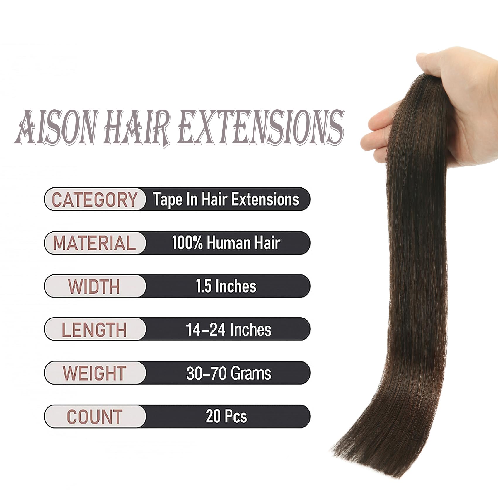 Aison Dark Brown Tape In Hair Extensions Human Hair 100% Remy Human Hair Extensions Silky Straight For Fashion Women 20 Pcs/Pack