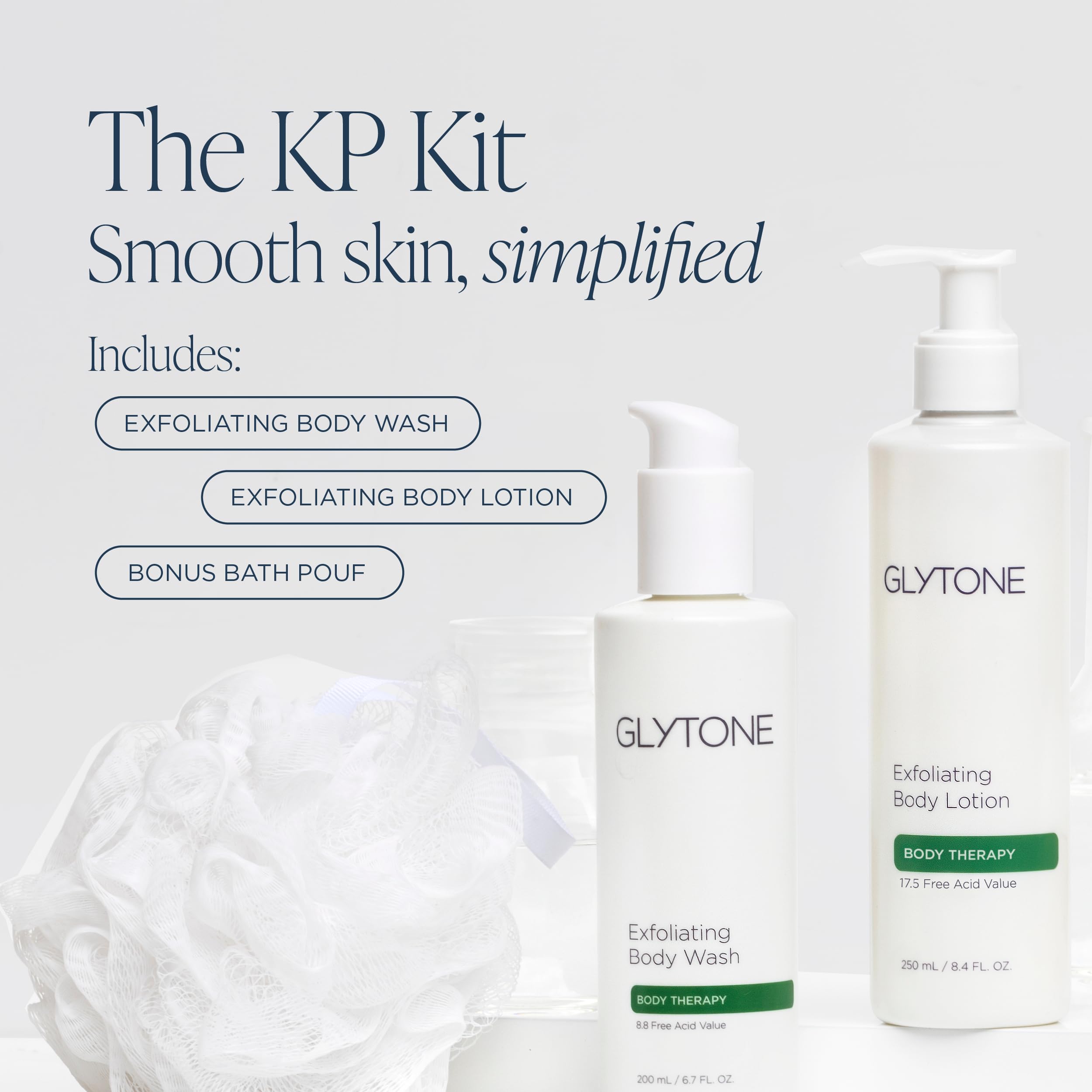 Glytone KP Kit - Exfoliating Body Wash, Glycolic Acid Lotion & Shower Pouf for Keratosis Pilaris - Smooth Rough Bumpy Skin, Frag