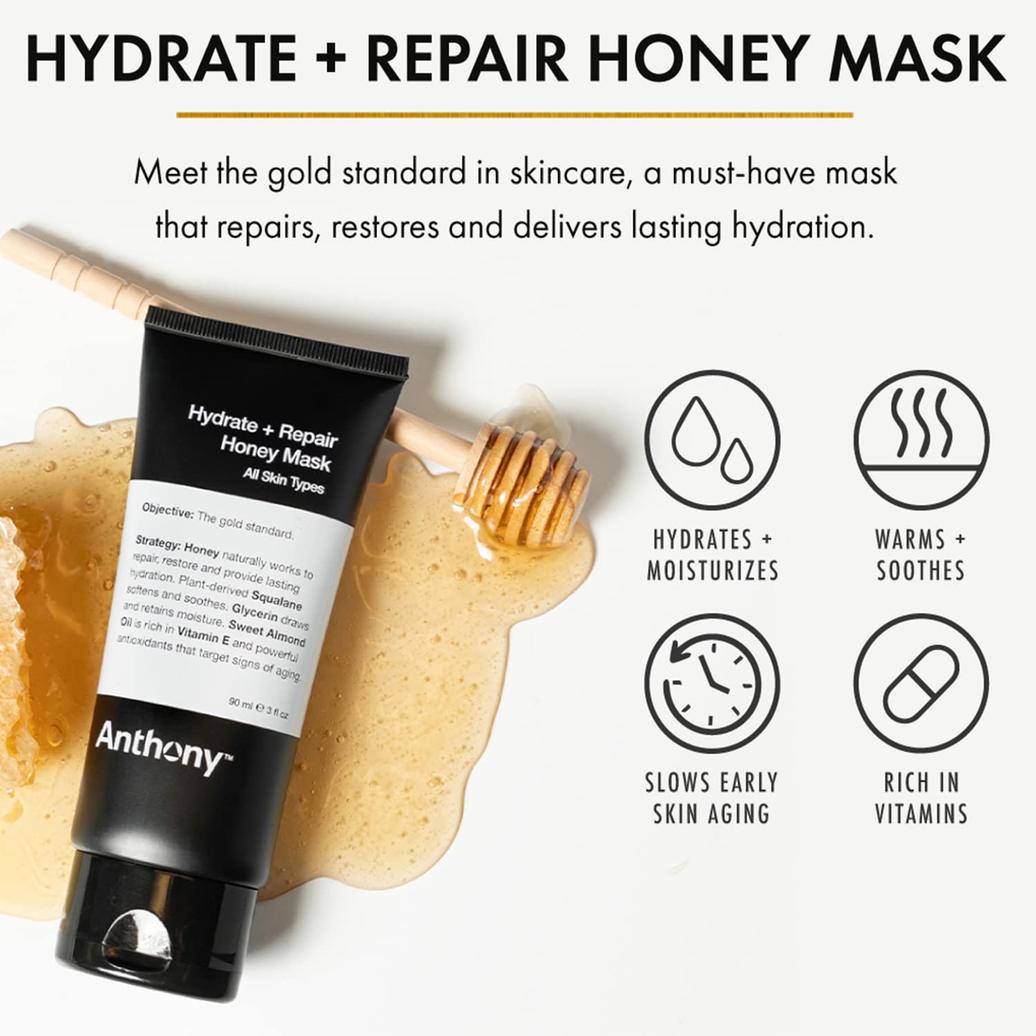 Anthony Hydrate + Repair Honey Mask, Stimulates Your Skin and Opens Pores with Honey, Vitamins C & E, Glycerin, Sweet Almond, Sq