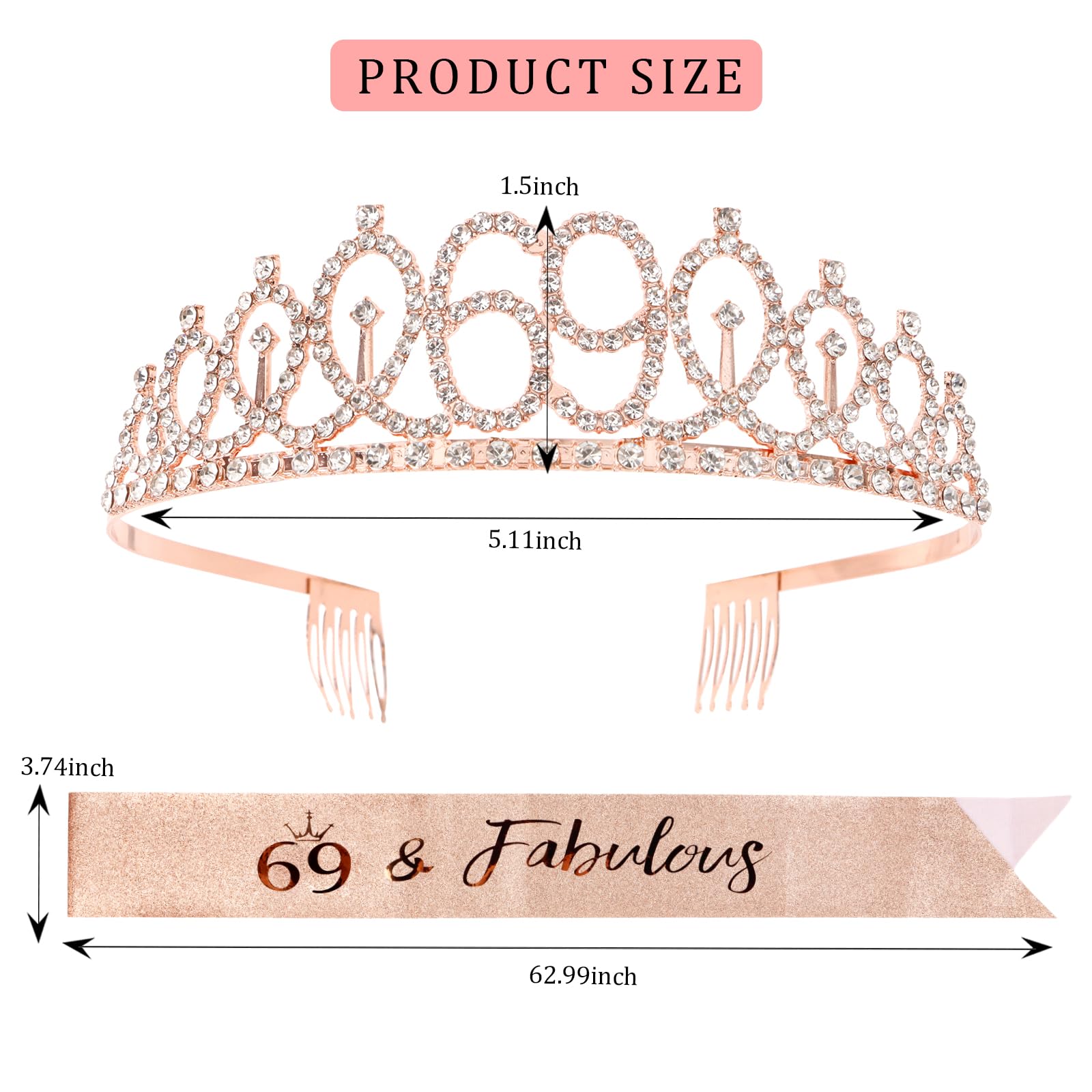 Cieher 69Th Birthday Crown + 69Th Birthday Sash + Pearl Pin Set, 69 & Fabulous Birthday Sash, 69 Birthday Tiara, 69Th Birthday D