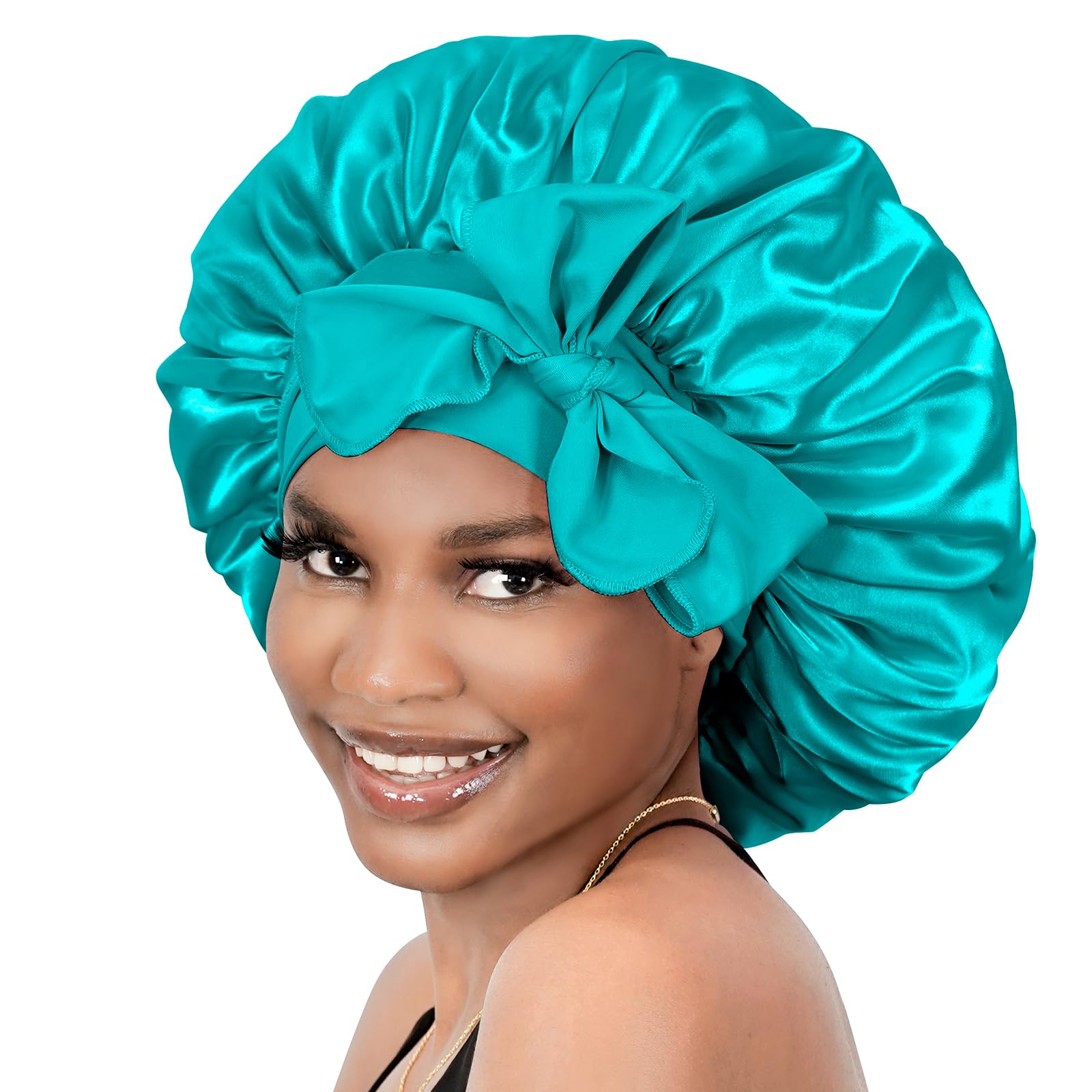 BONNET QUEEN Silk Bonnet for Sleeping Women Satin Bonnet Hair Bonnet Night Sleep Cap Scarf wrap for Curly Hair with tie Band Aqu