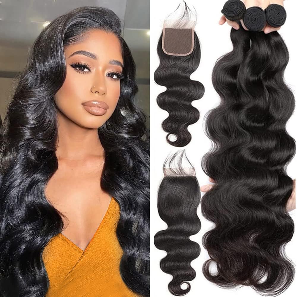 Body Wave Human Hair 3 Bundles with Closure (20 22 24+16) Body Wave Bundles with 4x4 Lace Part Closure 10A Unprocessed Brazilian