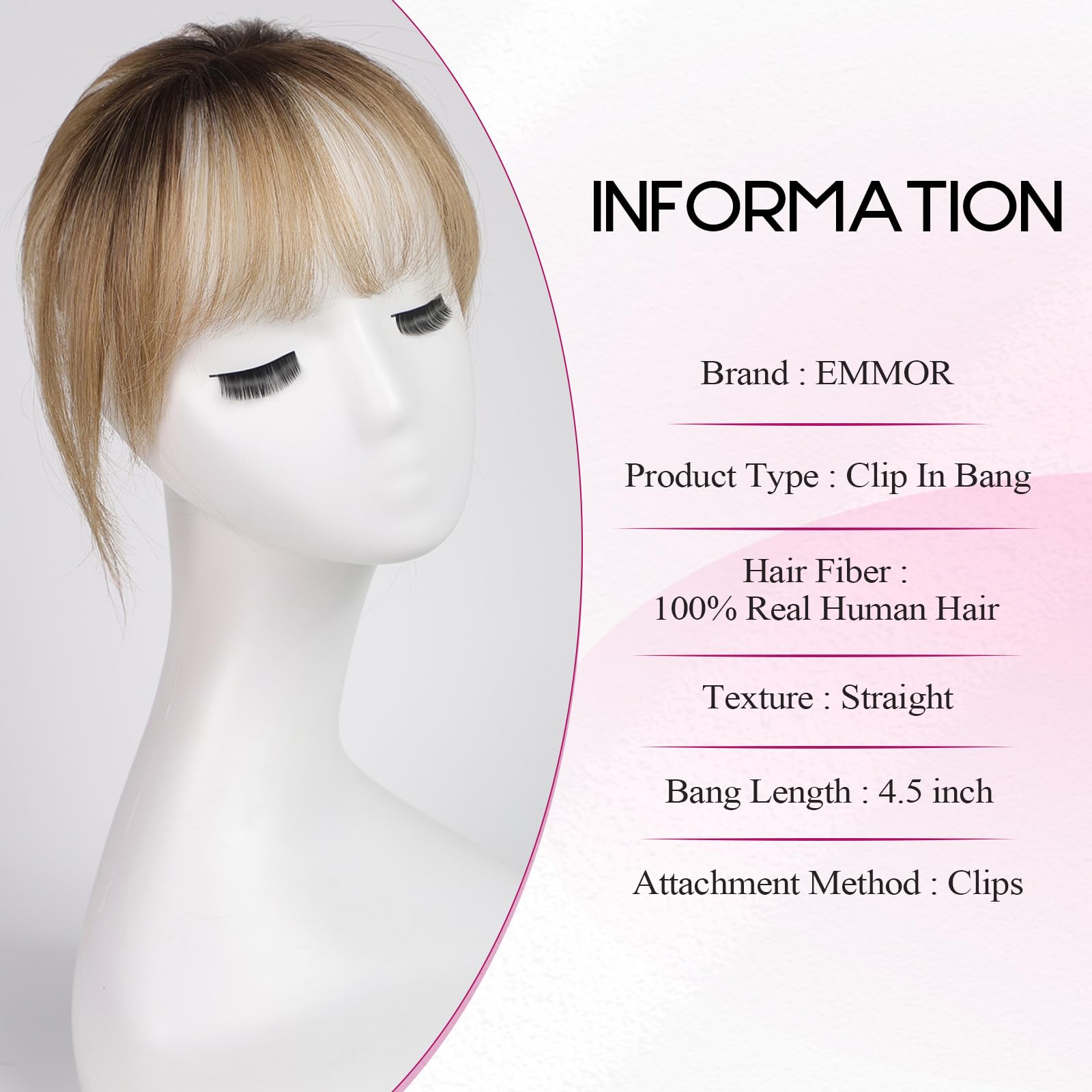 EMMOR Clip in Bangs - 100% Human Hair, 3D Wispy Bangs, Ombre Ash Blonde, Model ALH005-8, Non-slip Clips for Women's Facial Enhancement