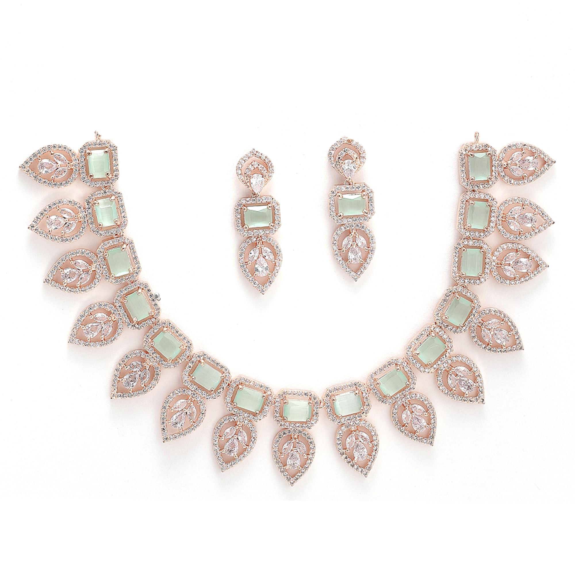 ZENEME Jewellery Set Leaf Style AD/American Diamond Rectangle Shaped Studded Rose Gold Plated Handcrafted Circle Necklace Set fo