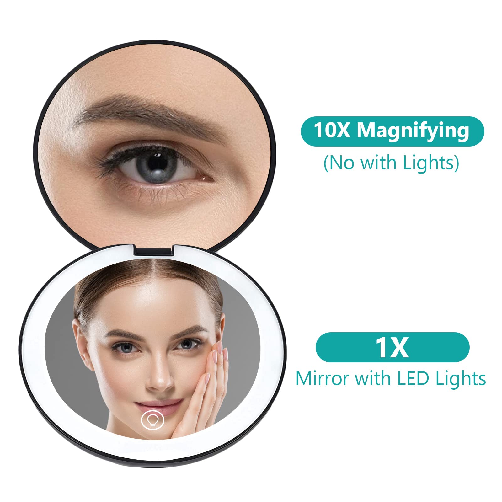 Wobsion Rechargeable Compact Mirror,1X/10X Magnification Compact Mirror With Light,Dimmable Led Travel Makeup Mirror,Portable Mi