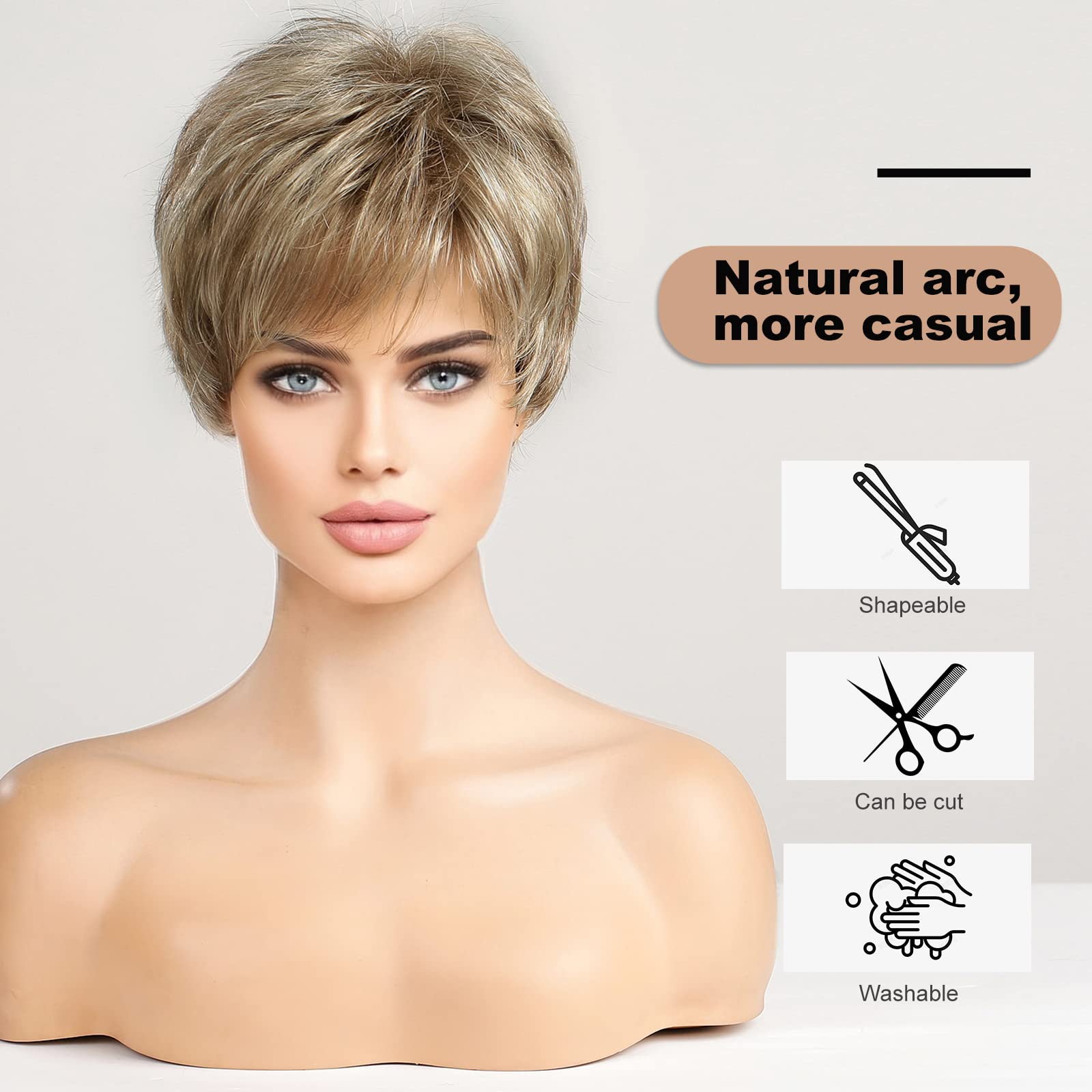 Haircube Human-Hair Like Texture Light Blonde Mixed Off-White Short Pixie Cut Wigs For Women With Bangs Synthetic Replacement Wi
