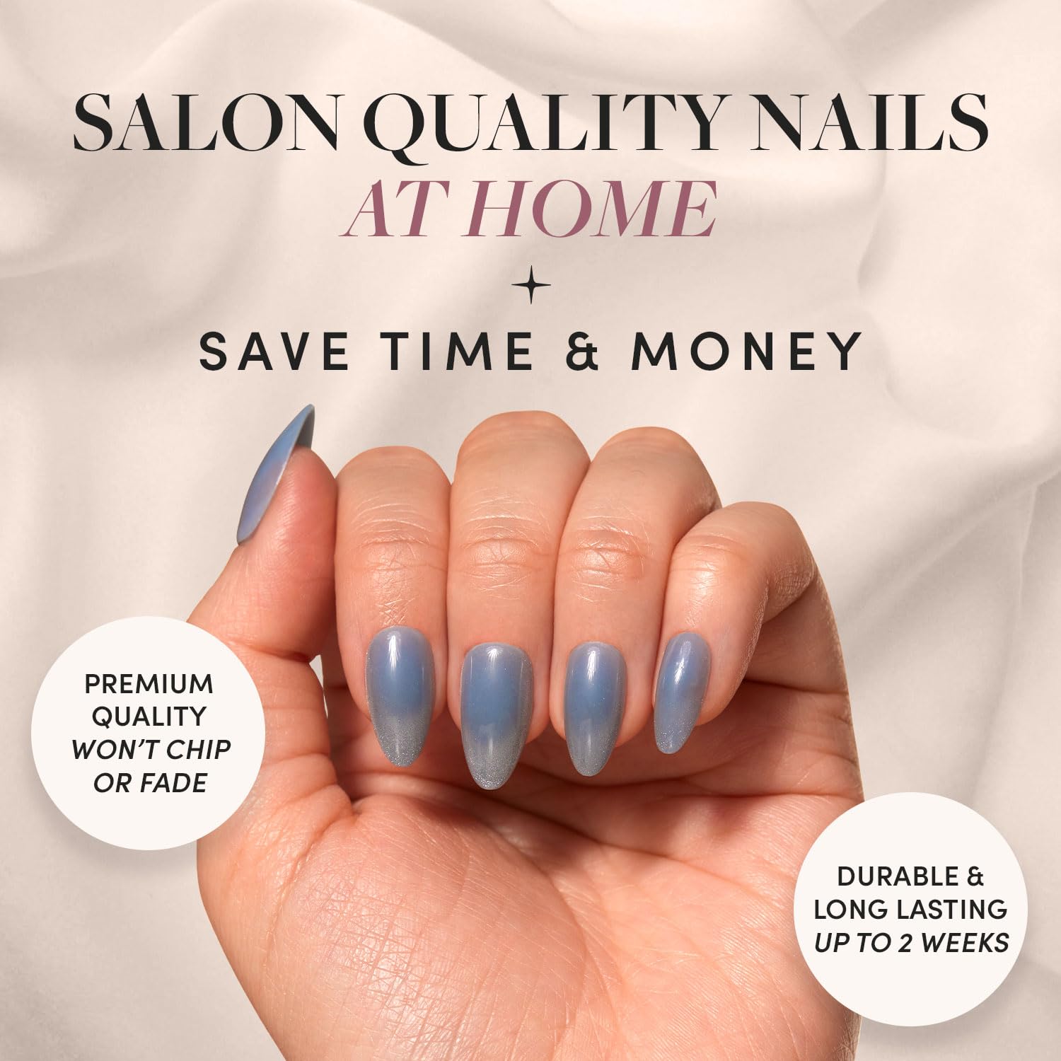 Glamnetic Press On Nails - Baby Blues | Short Almond, Pastel Blue Nails With A Mesmerizing Metallic Finish | 15 Sizes - 30 Nail