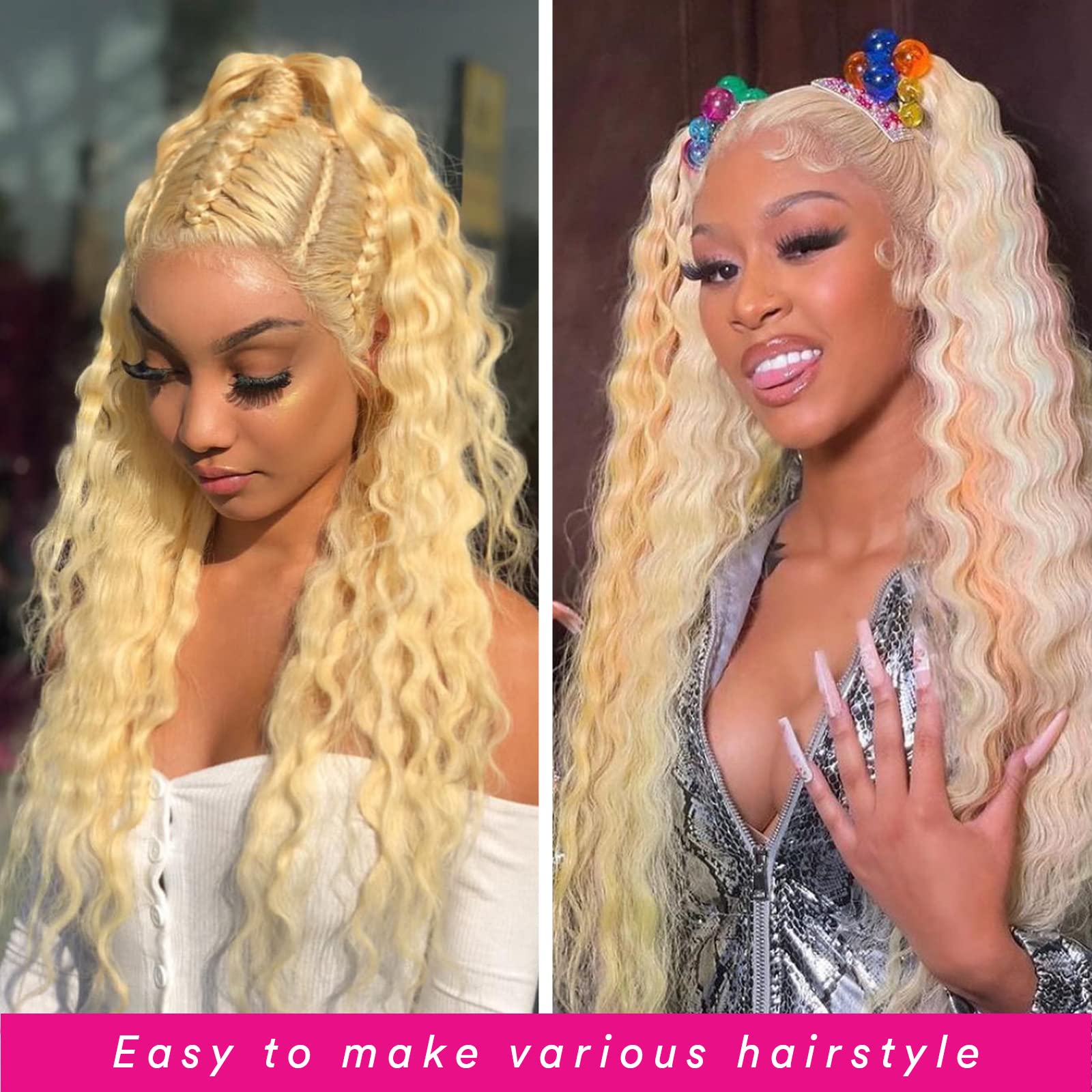 Supsyousf 28 Inch 613 Blonde Lace Front Wig Human Hair - Deep Wave, 13X4 Transparent Lace, 180 Density, Free Part, Pre-Plucked W