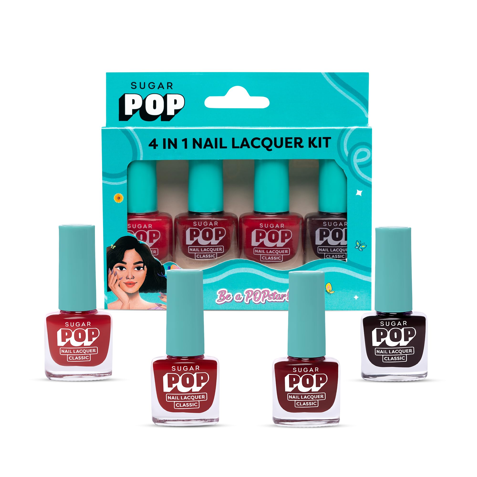 Sugar Pop 4 In 1 Nail Lacquer Kit | Chip-Resistant Formula & Glossy Flinsh | Nail Polish Set - 02 Rouge Canvas