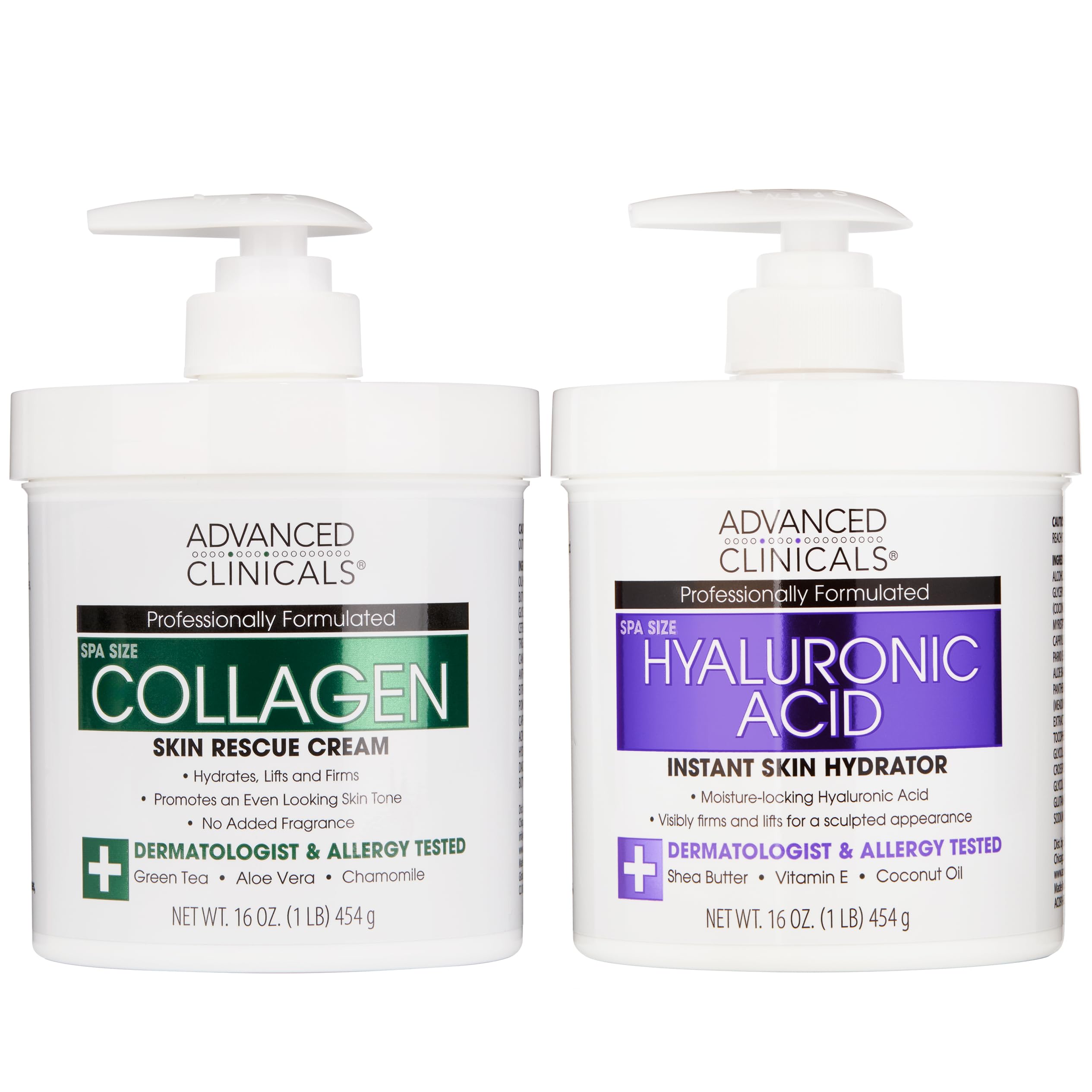 Advanced Clinicals Hyaluronic Acid Moisturizer + Fragrance Free Collagen Cream Face Moisturizer & Body Lotion 2pc Skincare Set F