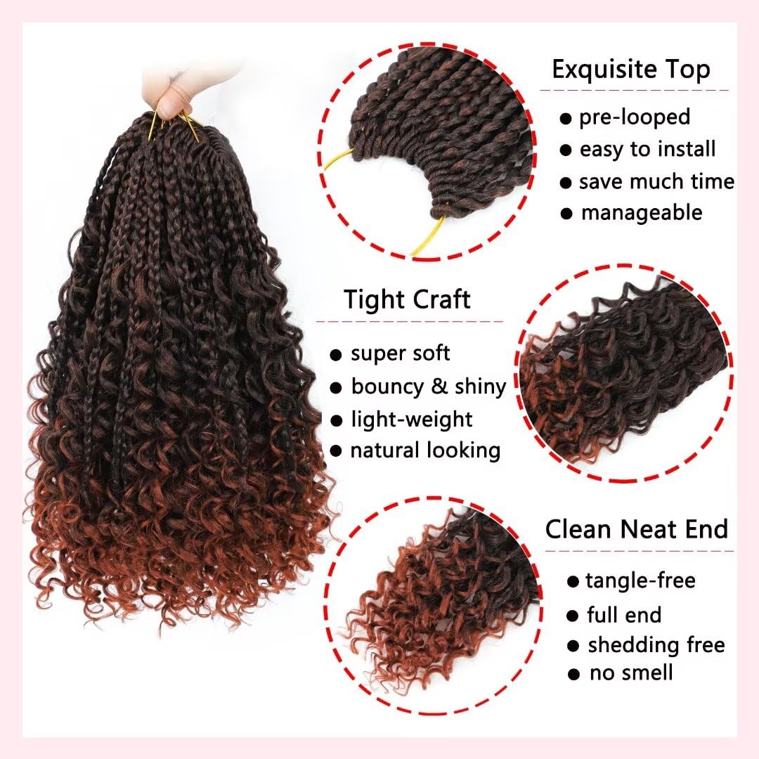 8 Packs Boho Box Braids Crochet Hair With Curly Ends 12 Inch Copper Red Box Braid Crochet Hair With Curly Ends Goddess Box Braid