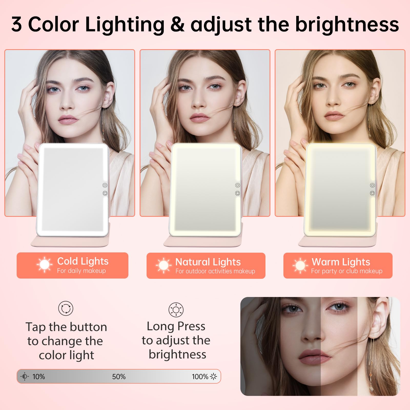 Funtouch 2500Mah Large Rechargeable Travel Makeup Mirror With Lights, Portable Makeup Mirror With 10X Magnifying Mirror 3 Lighti
