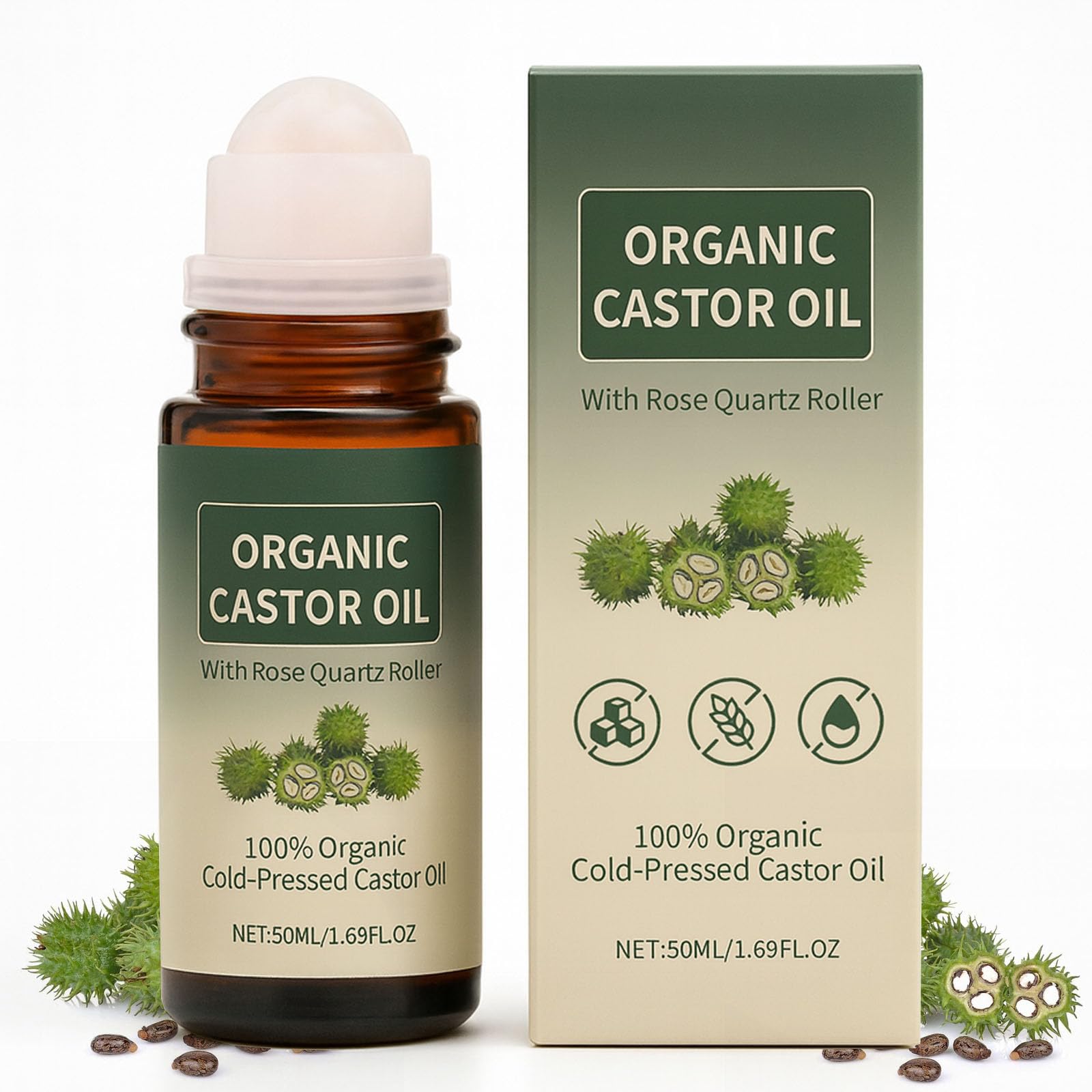 Maidlure Organic Castor Oil Rollon with Rose Quartz, 100% ColdPressed Organic Castor Oil Glass Bottles Roller for Skin, Brows 