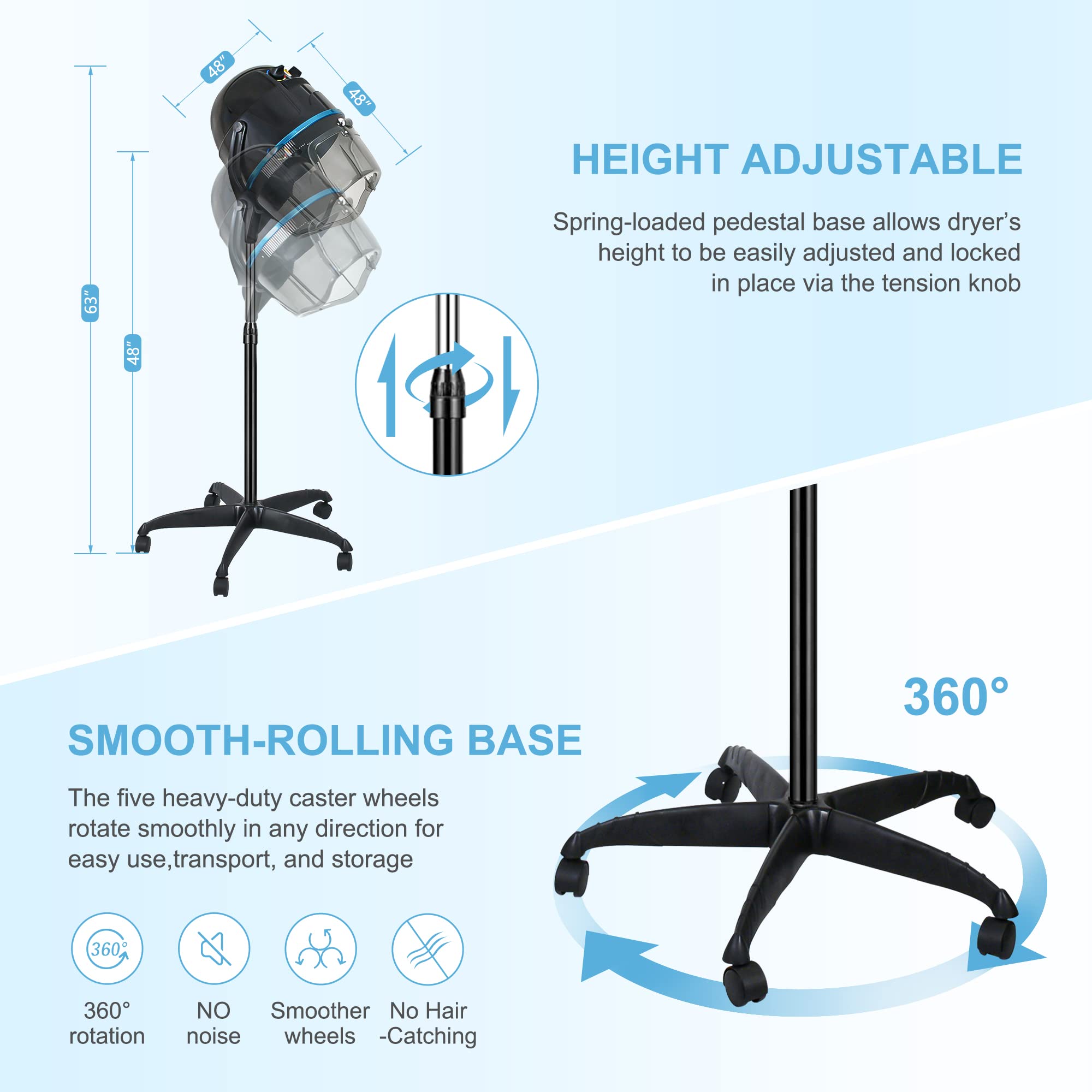 Nova Microdermabrasion Professional Hooded Floor Hair Dryer Adjustable Bonnet Hair Dryer Stand Up with Timer and Rolling Wheels
