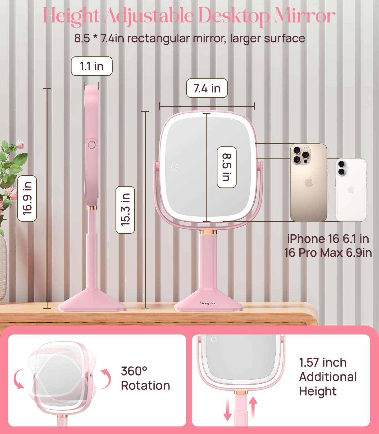 Gospire Rectangle Lighted Makeup Mirror with Lights 3 Color, Height Adjustable and 1X/10X Magnifying, 4000mAh Rechargeable Batte