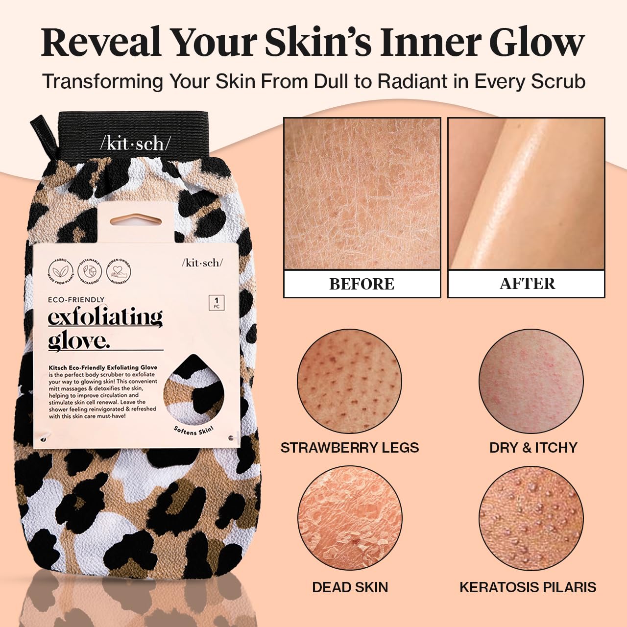 Kitsch Exfoliating Glove, Eco Friendly Exfoliating Body Scrubber, Dead Skin Remover & Body Exfoliator, Exfoliating Mitt For Skin