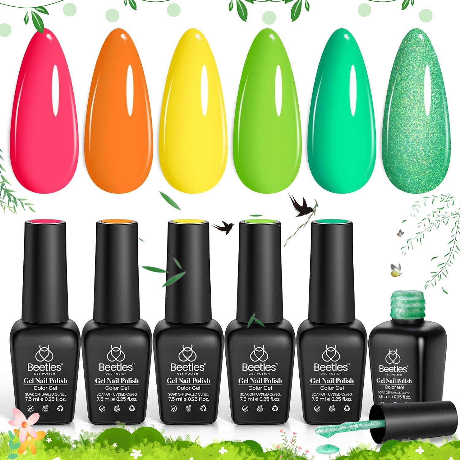 Beetles Spring Gel Nail Polish Set, 6 Colors Neon Hot Pink Coral Orange Yellow Green Glitter Green Summer Gel Nail Polish Kit So