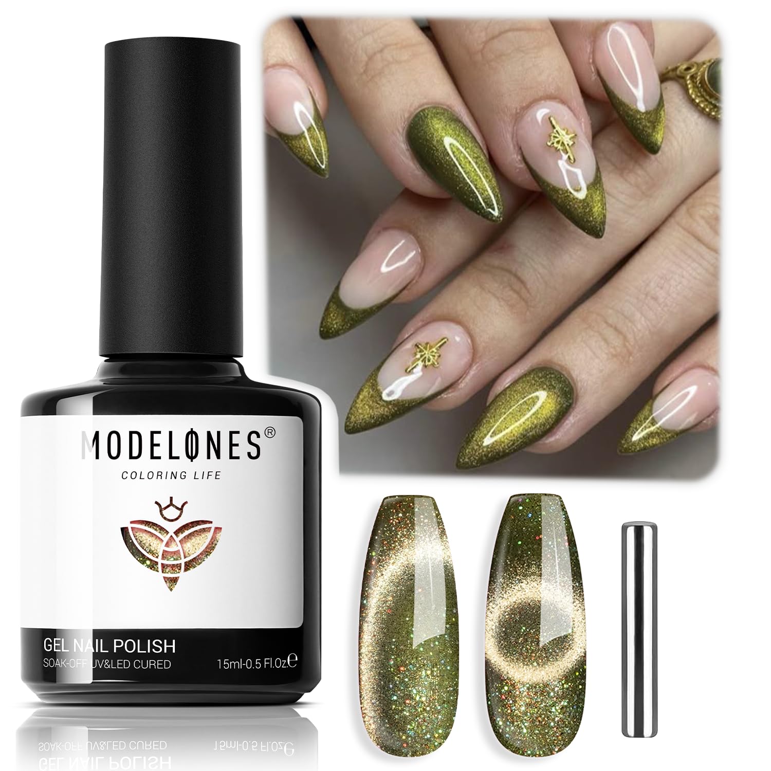 Modelones Cat Eye Gel Nail Polish, 15 Ml Glitter Green Gel Polish With Magnet Sparkle Galaxy Series Spring Nail Gel Polish Soak