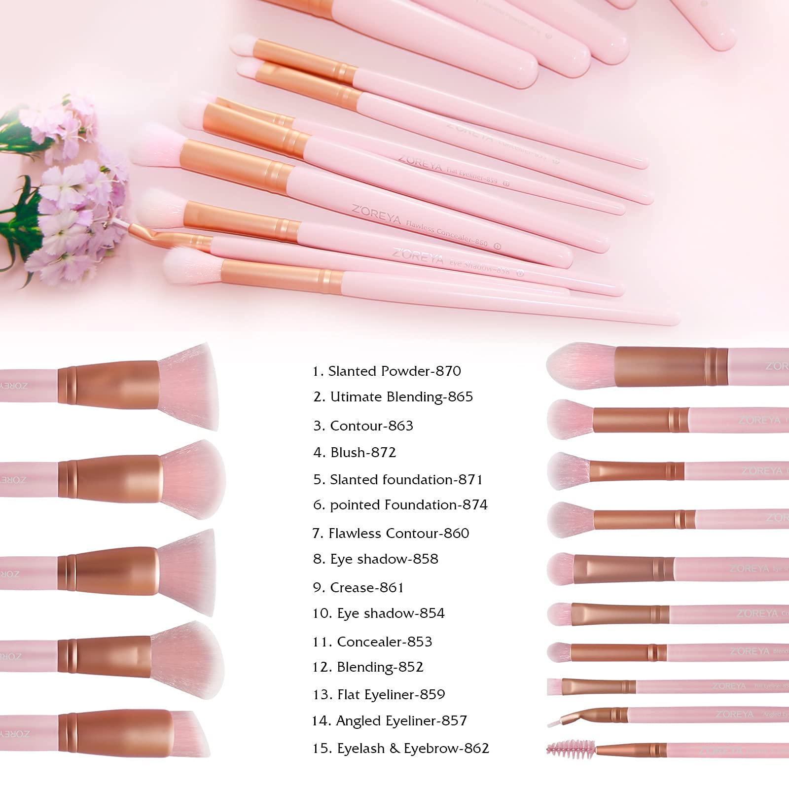 Z'Oreya Makeup Brushes 15Pcs Makeup Brush Set Premium Synthetic Kabuki Brush Cosmetics Foundation Concealers Powder Blush Blendi