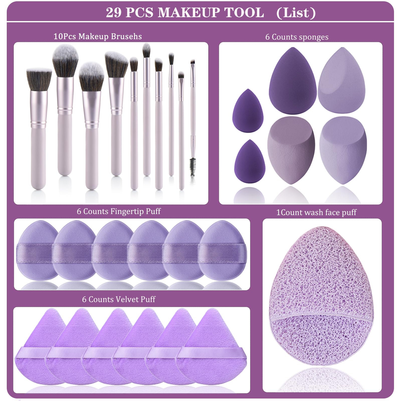 29Pcs Makeup Tool Set Includes: Wooden Handle 10Pcs Kabuki Makeup Brush set 18Pcs Makeup Sponges Suitable for makeup artists and