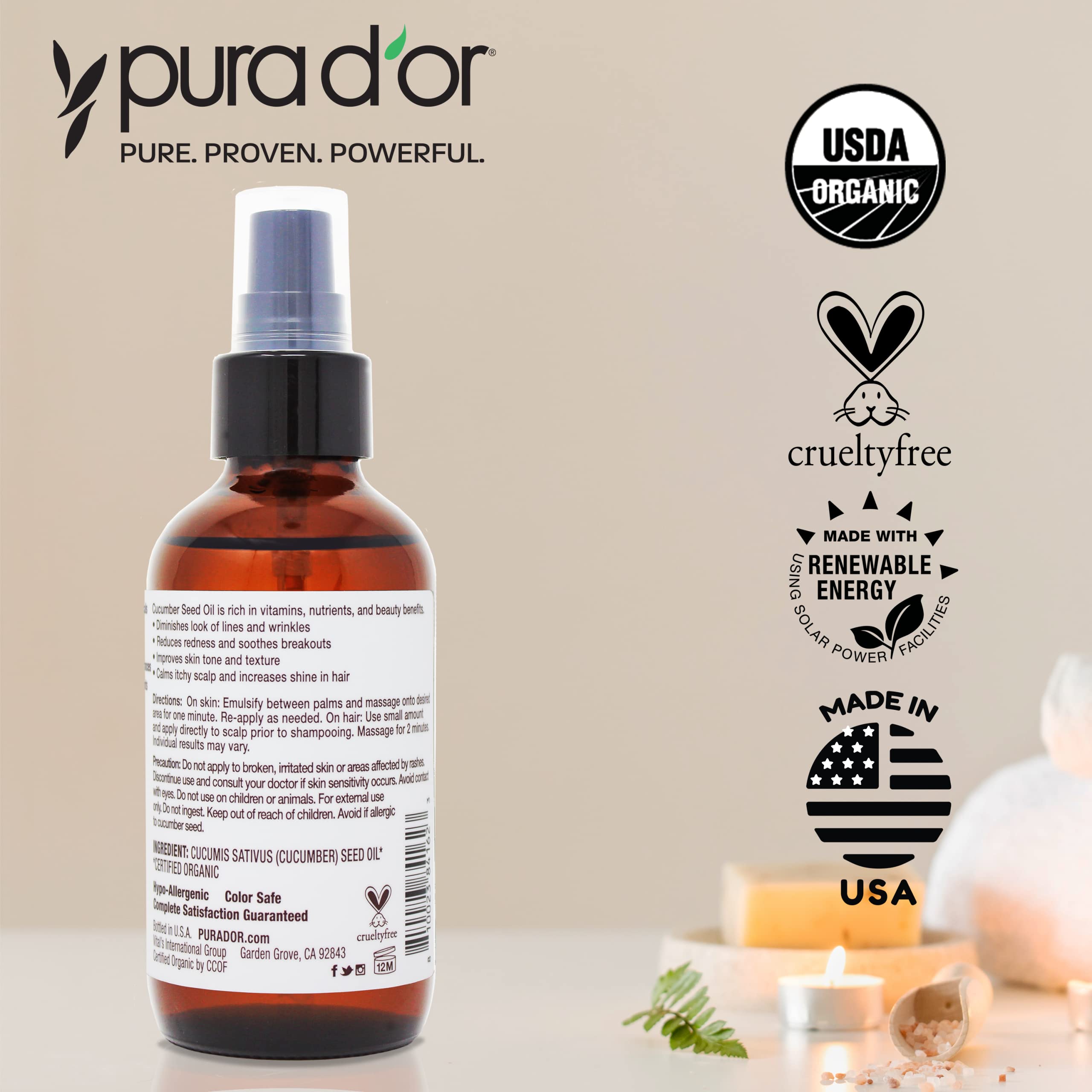 Pura D'Or 4 Oz Organic Cucumber Seed Oil100% Pure Usda Certified Premium Grade All Natural Moisturizer, Cold Pressed, Unrefined,