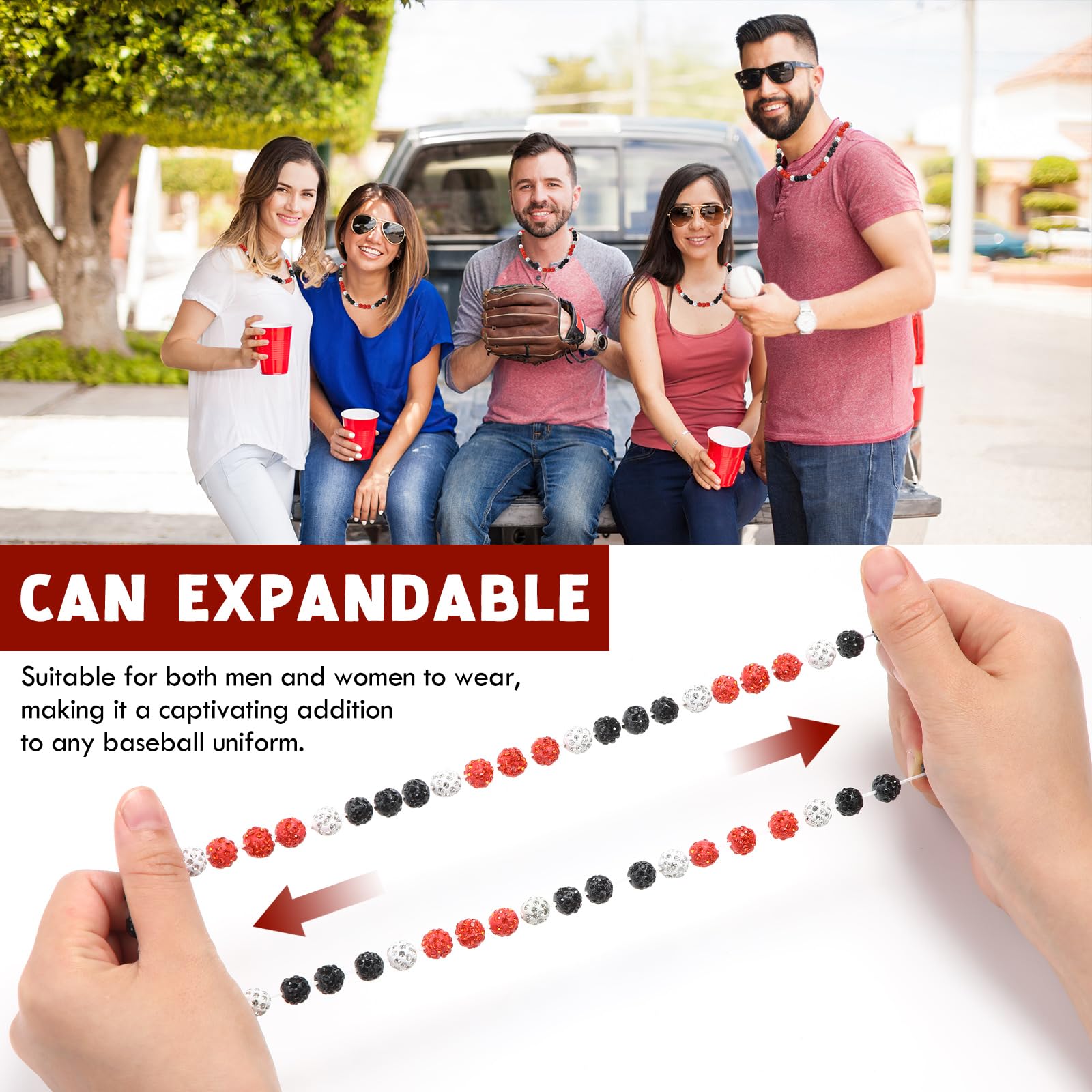 Liliaafar 6 Pcs Baseball Beaded Necklace for Teenager Bling Rhinestone Clay Beaded Necklace Gifts for Sports Team Fans(Black, Re