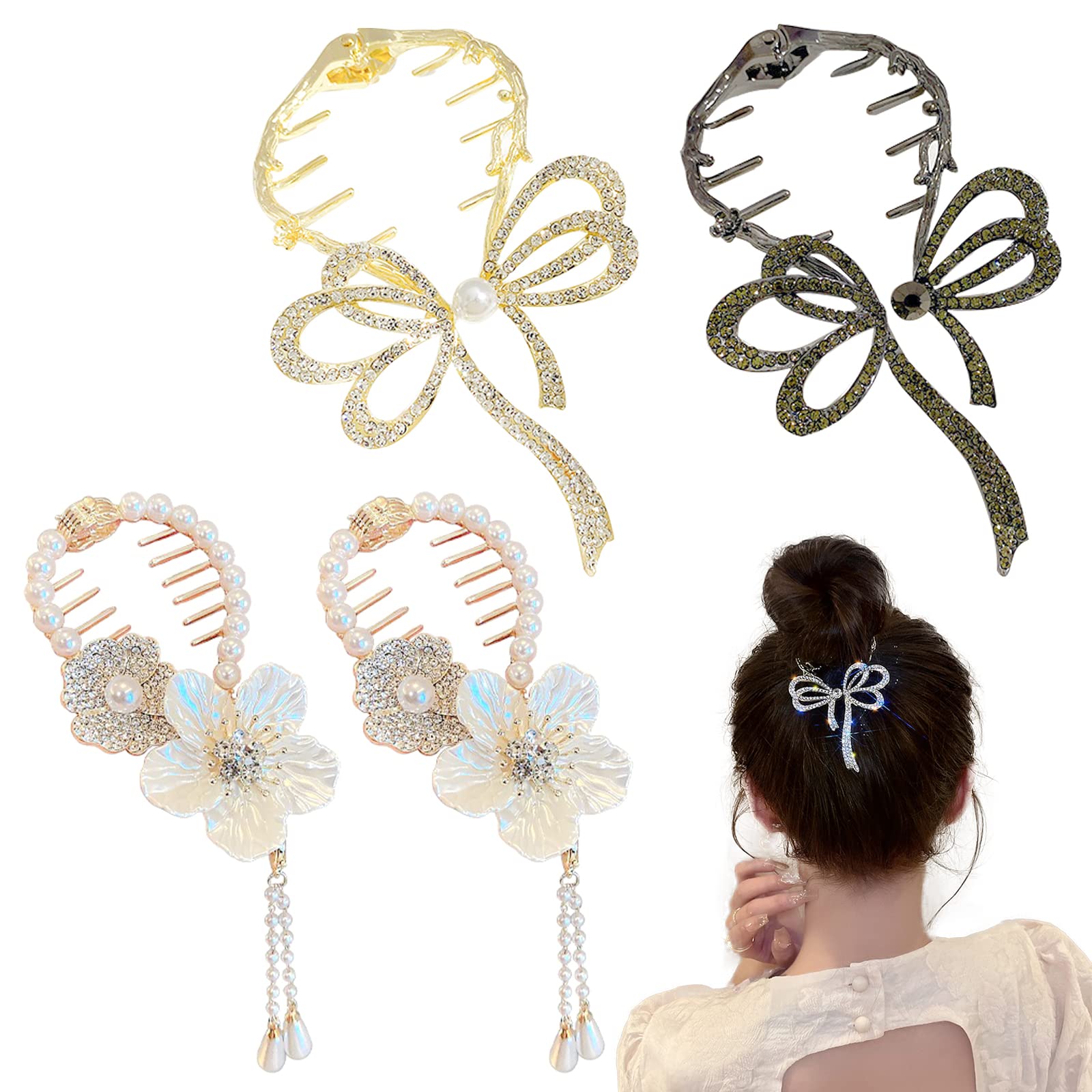 4 Pack Hair Styling Clips Hair Bun Accessories, Butterfly Claw Clips, Flower Bow Ponytail Buckle Hairpin, Bow Light Luxury Premi