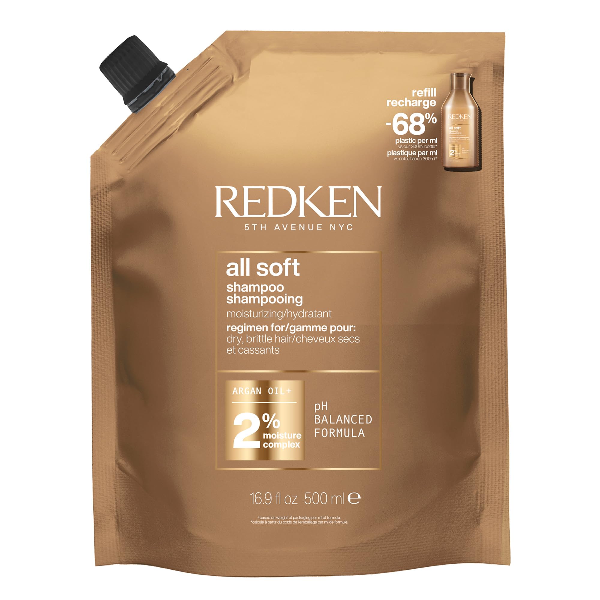 Redken All Soft Shampoo - Moisturizes & Hydrates Dry, Brittle Hair, Gently Cleanses and Softens, With Argan Oil, Safe For Color-