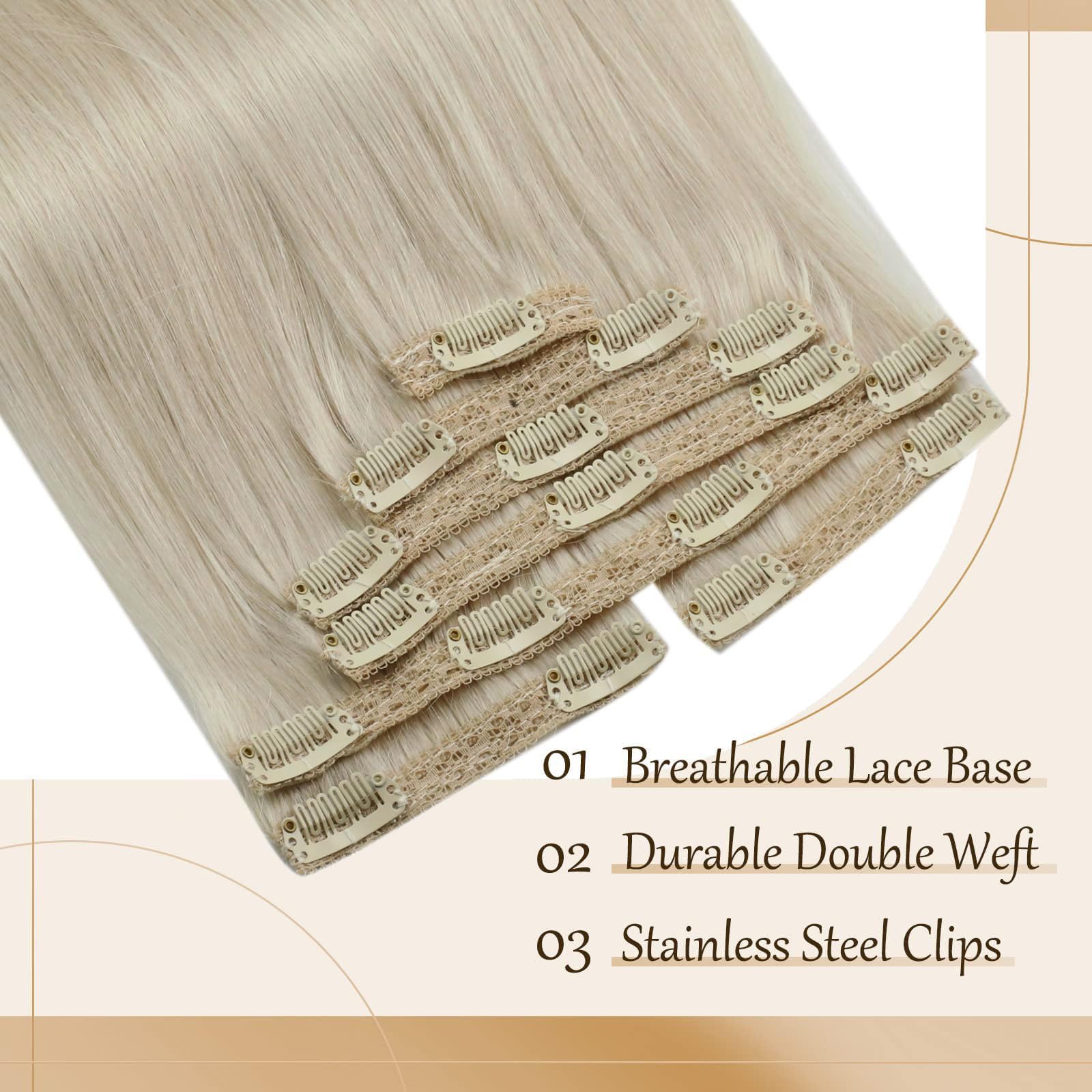 Sunny Long Clip in Hair Extensions Human Hair Platinum Blonde Real Hair Extensions Clip in Human Hair Blonde Hair Extensions Rem