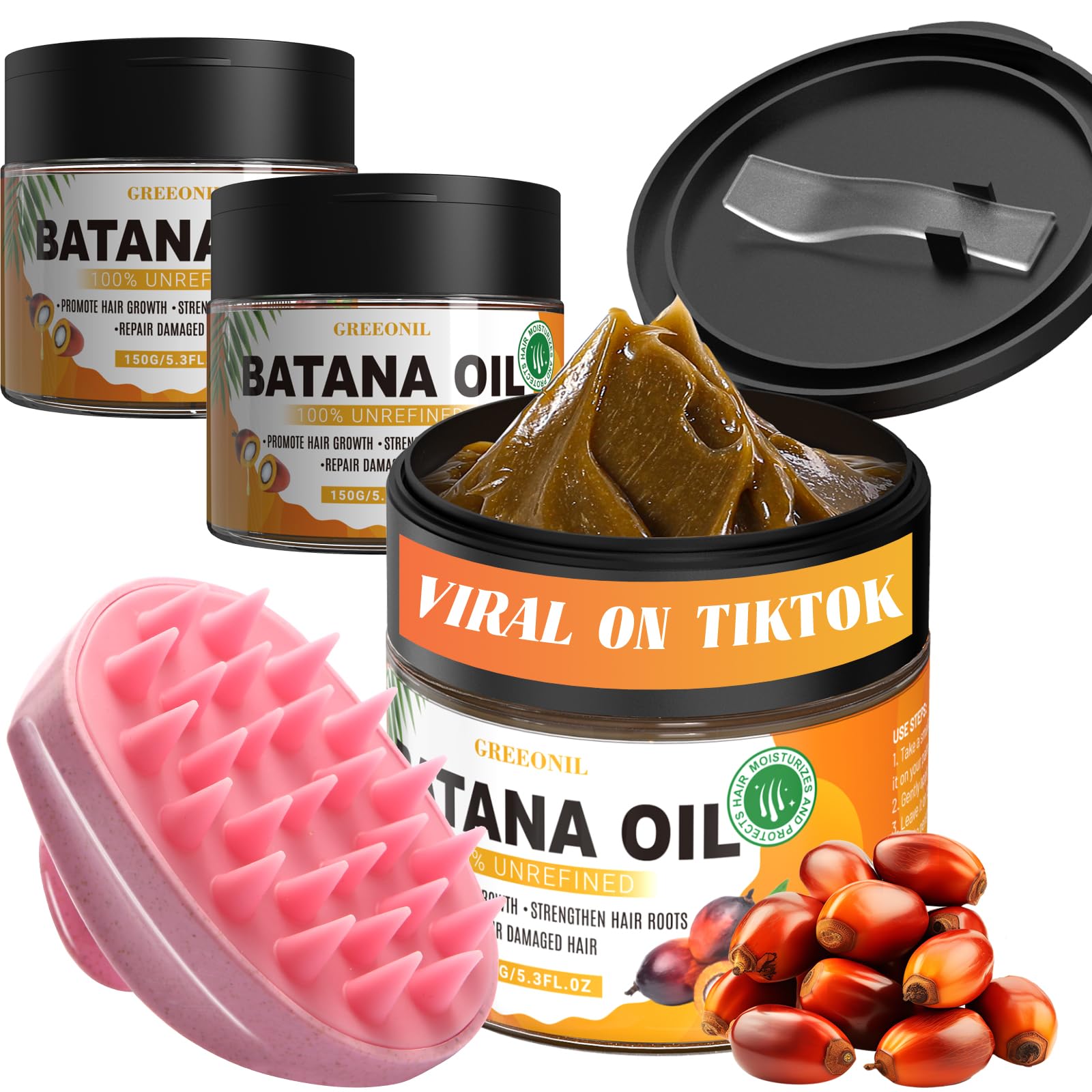 GREEONIL Raw Batana Oil with Scalp Massager Hair Brush for Hair Growth, Organic and Natural Dr Sebi Raw Batana Oil for Men Women