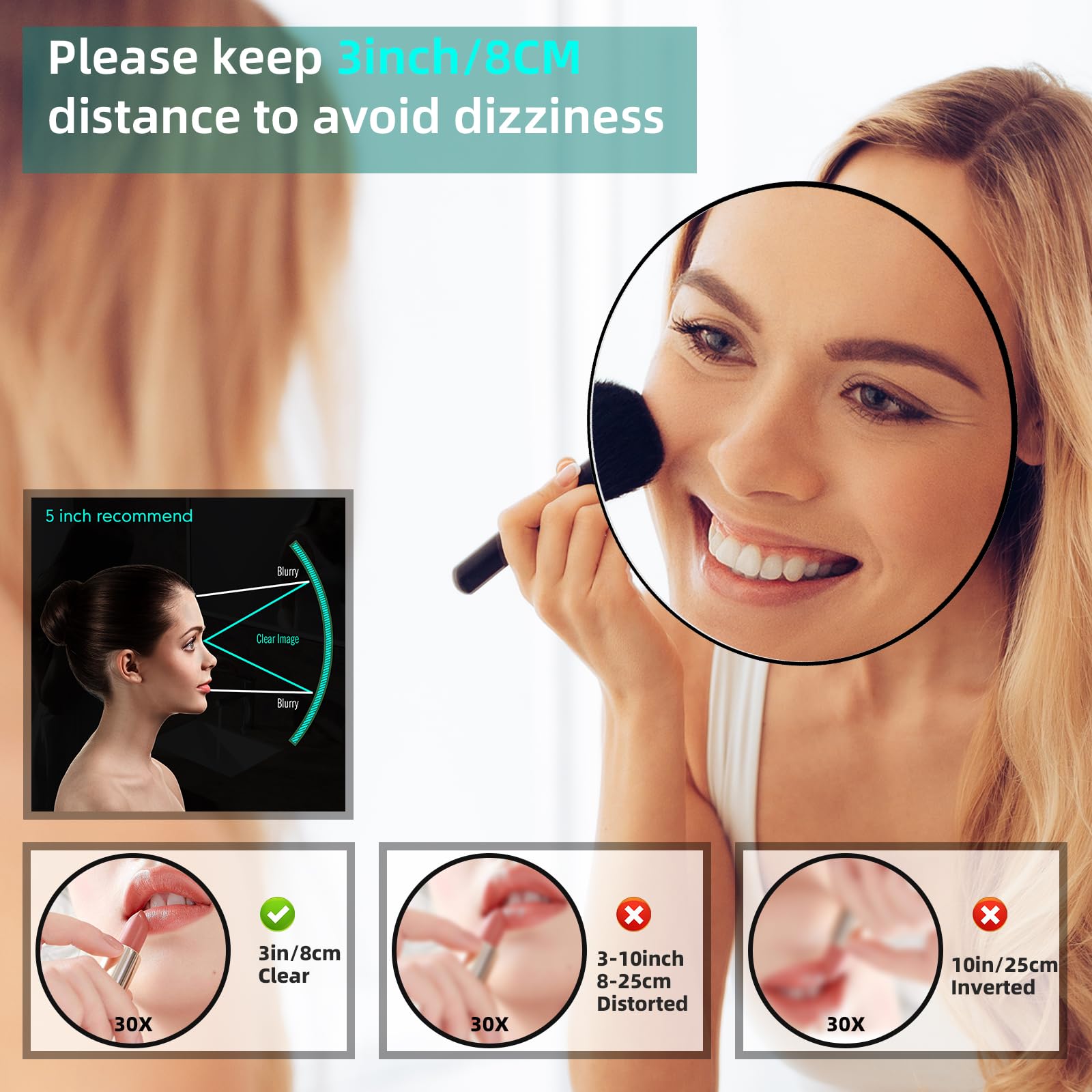 Suupvaor 30X Magnifying Mirror with 3 Suction Cups, Large 6inch Magnified Mirror 30X Travel Round Makeup Mirror with High Magnif