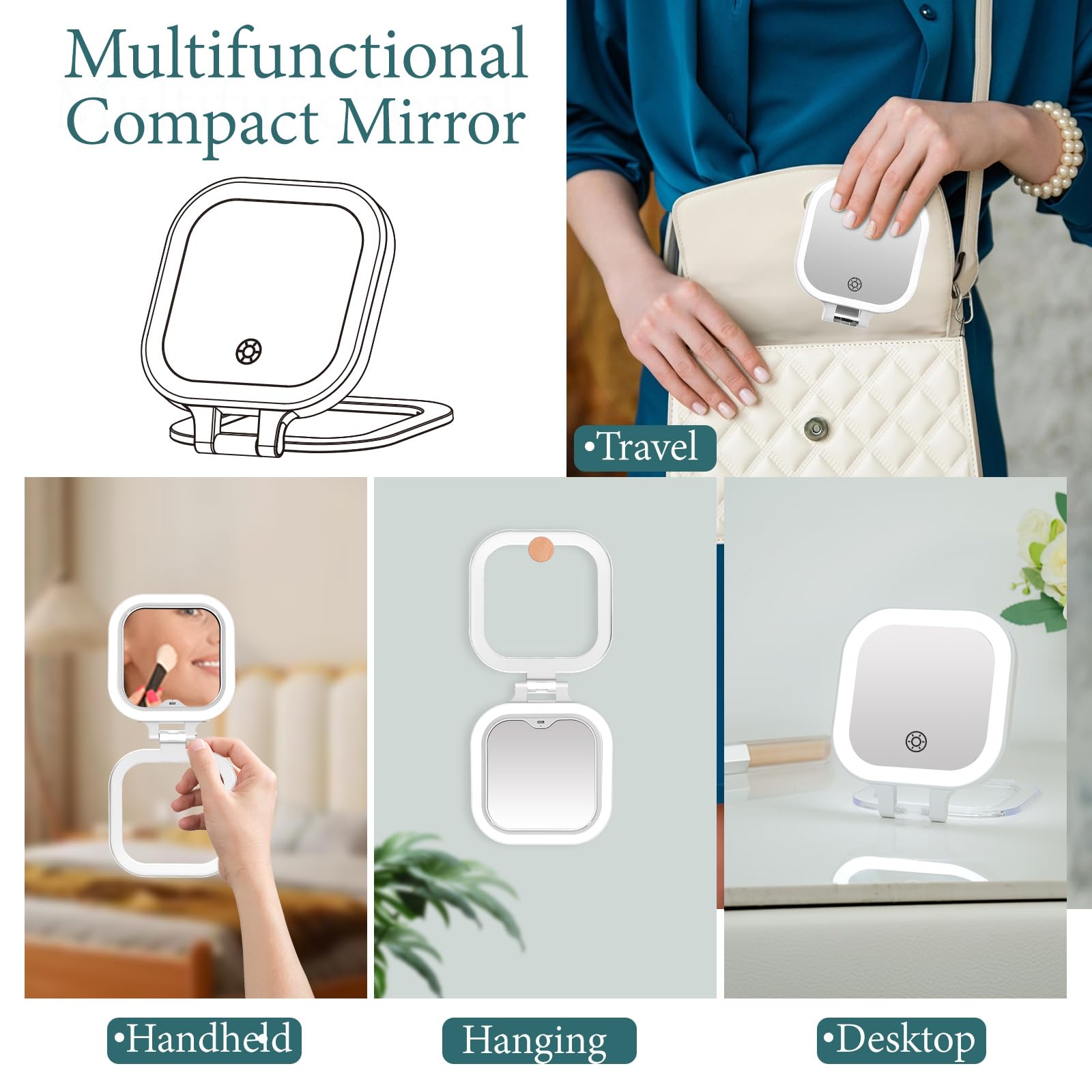 FUNTOUCH Travel Makeup Mirror - 1X/10X Magnifying, Dimmable Lights, Portable, White, 4"L x 3"W, Rechargeable Double-Sided Compact Mirror