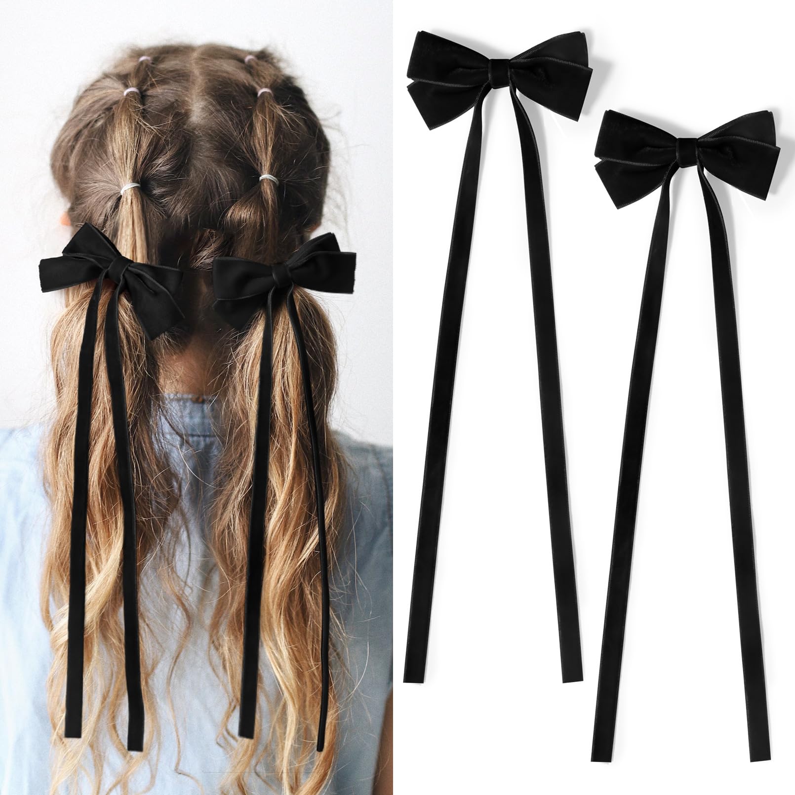 2PCS Velvet Hair Bows Ribbon Hair Clip Black Ponytail Holder Accessories Slides Metal Clips Hair Bow for Women Girls Toddlers Te