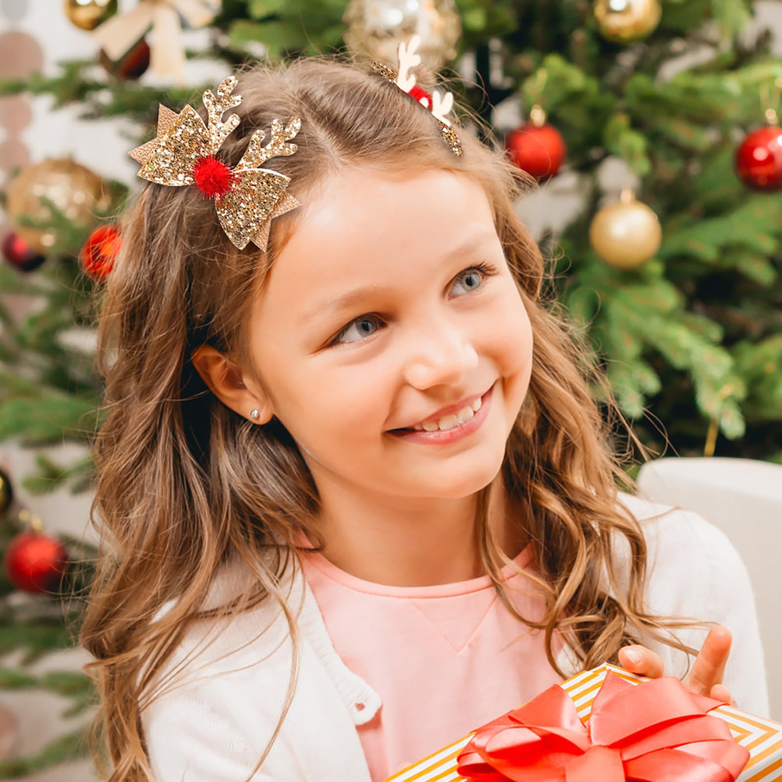 4 Pcs Christmas Hair Clips Xmas Bow Hair Accessories Cute Reindeer Antlers Ears Glitter Sequins Hair Barrettes Holiday Headdress