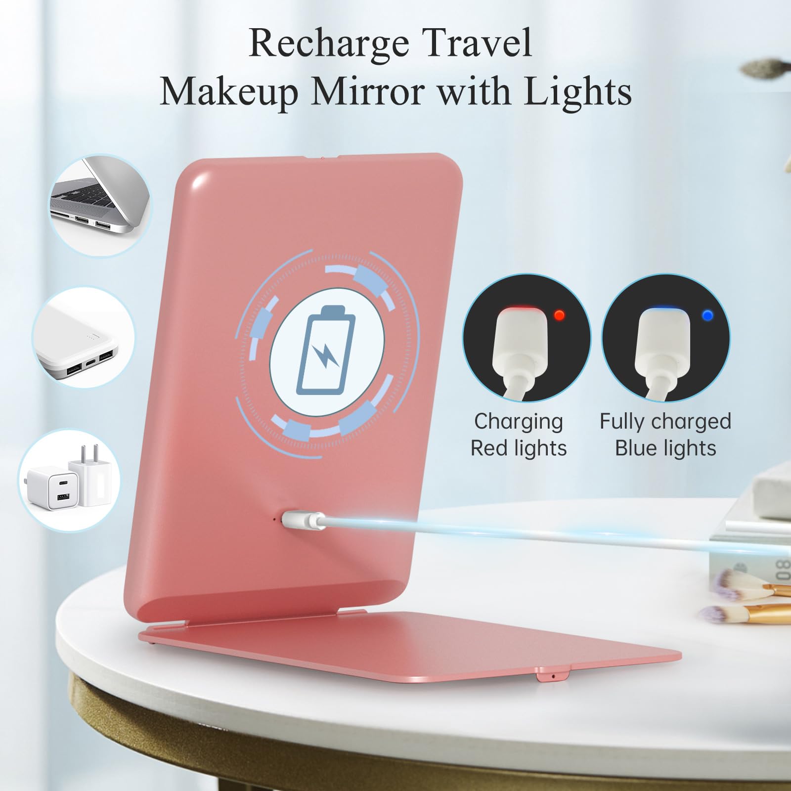 Funtouch Rechargeable Travel Makeup Mirror With Lights, Portable Makeup Mirror With 3 Color Lighting, Touch Dimming, Travel Vani