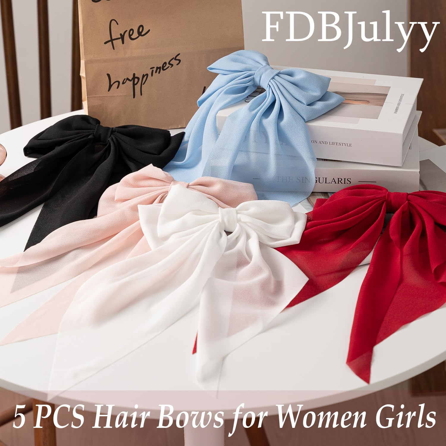 Hair Bows For Women & Girls: Big Bow Clips With Ribbons - Bow-Knot Clips For Thick & Thin Hair, Nonslip Claw Clips, 5 Pcs