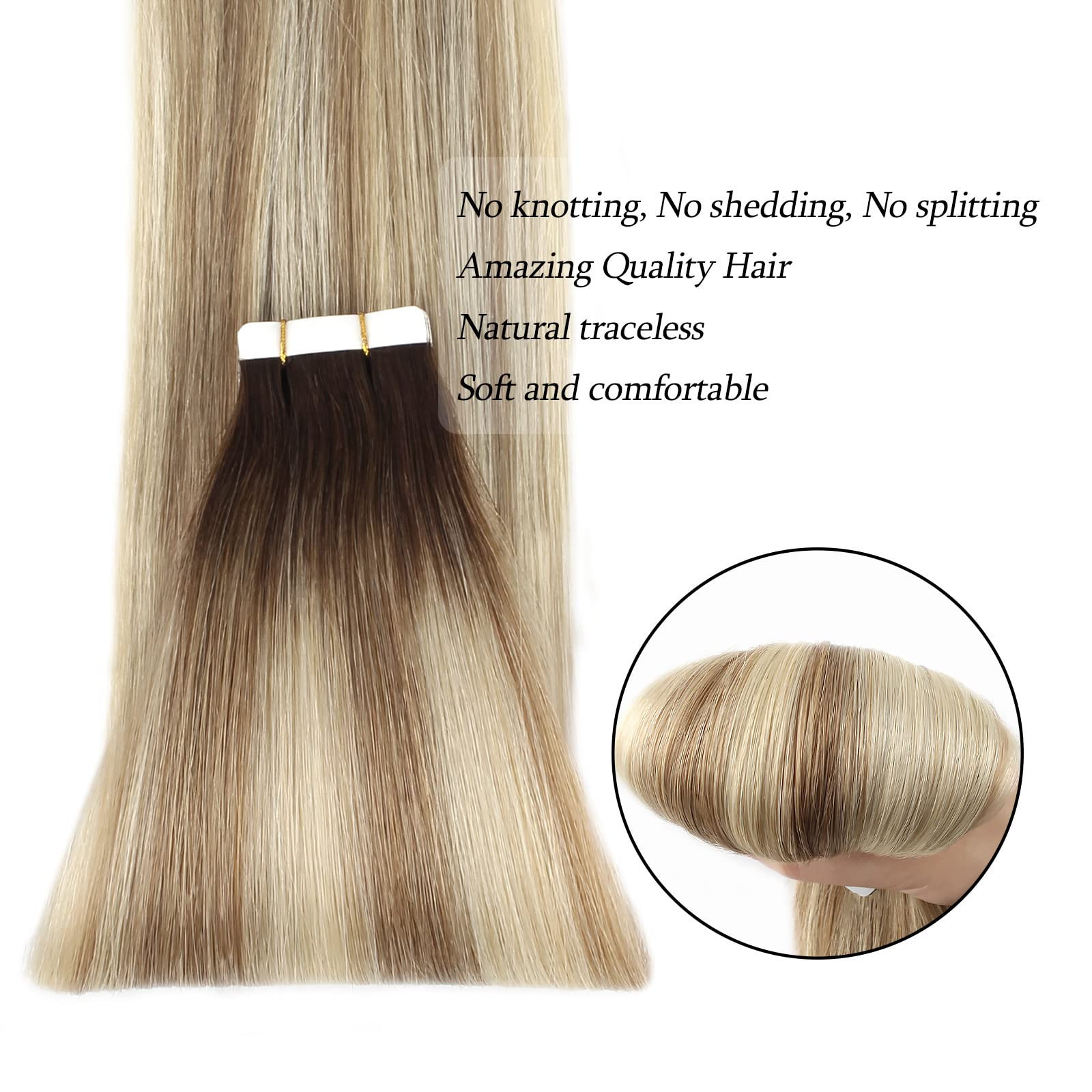 Abh Amazingbeauty Hair Tape In Hair Extensions Highlighted 22 Inch Semi-Permanent Pre-Taped Double Sided Rooted Ash Brown-Beach