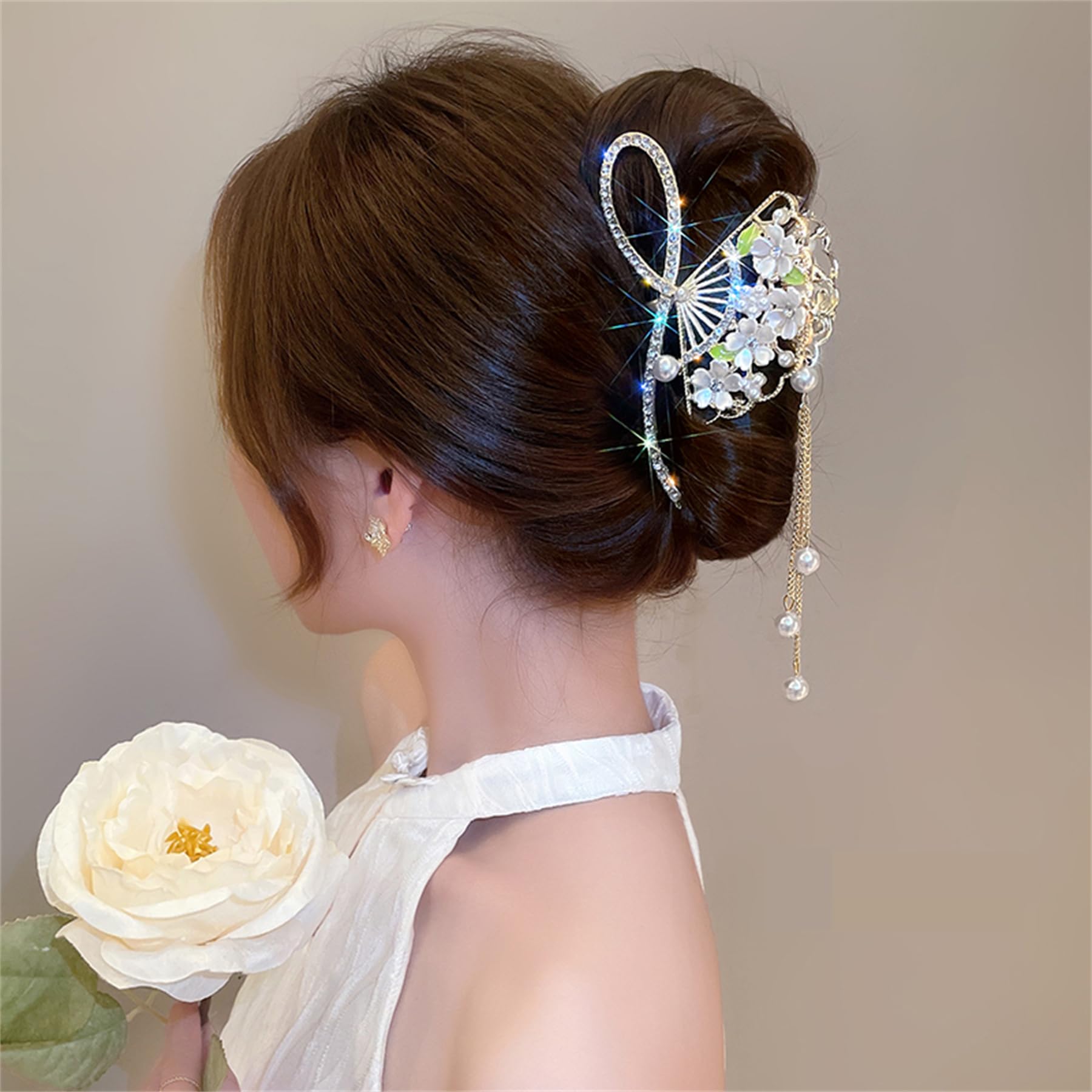 Hair Claw Clip, Rhinestone Pearl French Style Fan Hairpins Hair Barrette Hair Accessories for Women #9