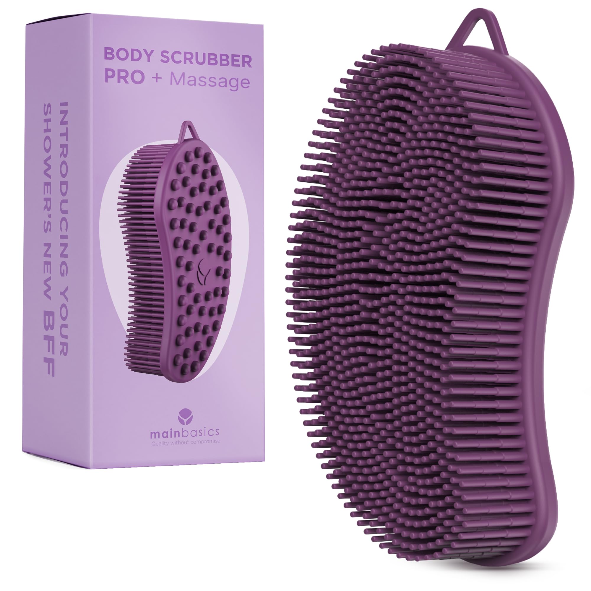 Mainbasics Exfoliating Silicone Body Scrubber Pro 2-In-1 Shower Scrubber For Body, Silicone Loofah And Body Massager (Purple, Bo