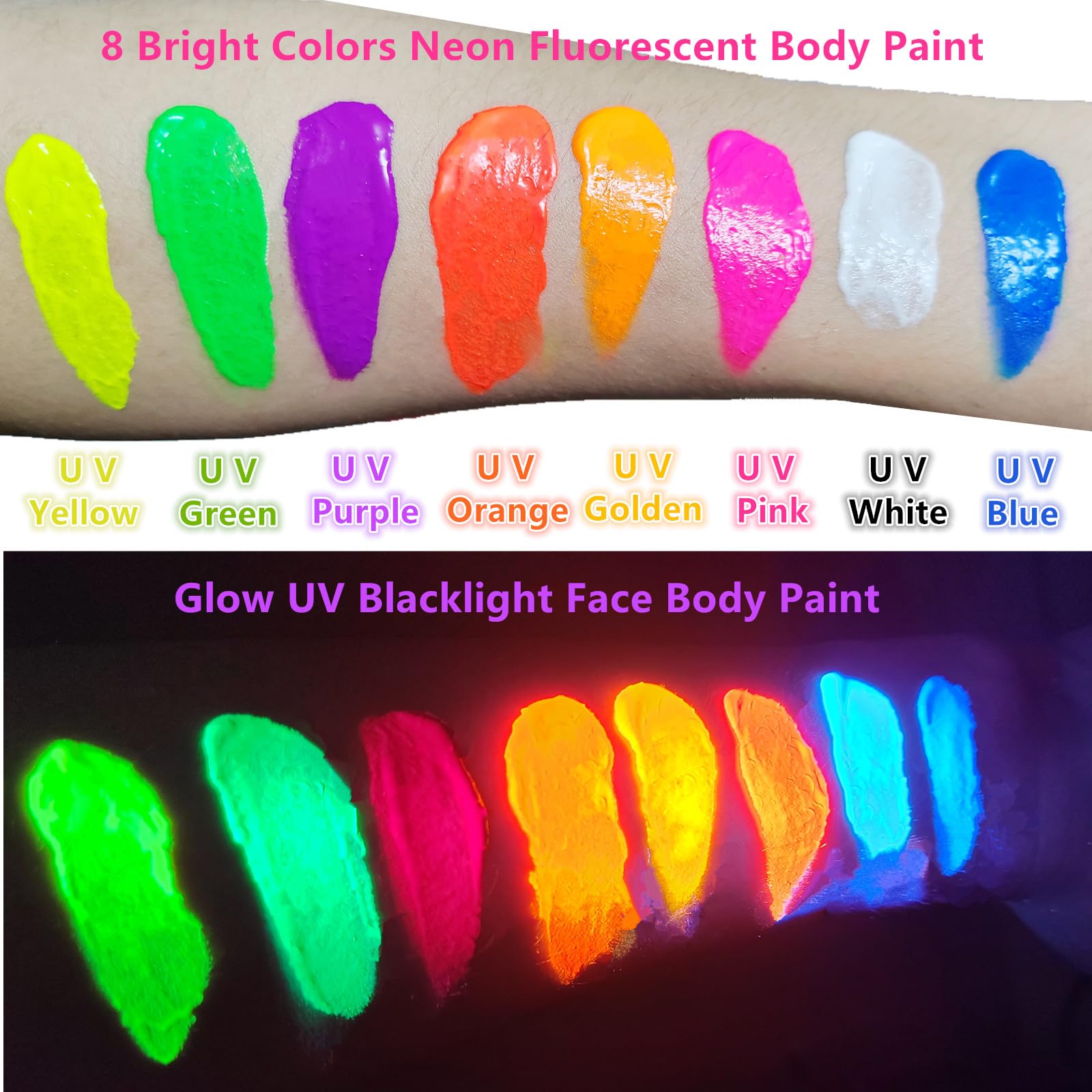 Go Ho Uv Blacklight Neon Purple Face Body Paint,Water Based Bright Color Neon Fluorescent Body Paint With Cushion Applicator,Glo