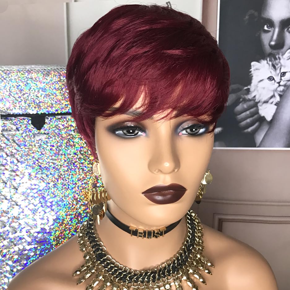 Hotkis Short Pixie Wigs Human Hair For Black Women Pixie Cut Wig Human Hair Short Burgundy Hair Wigs Pixie Wig Glueless Human Ha