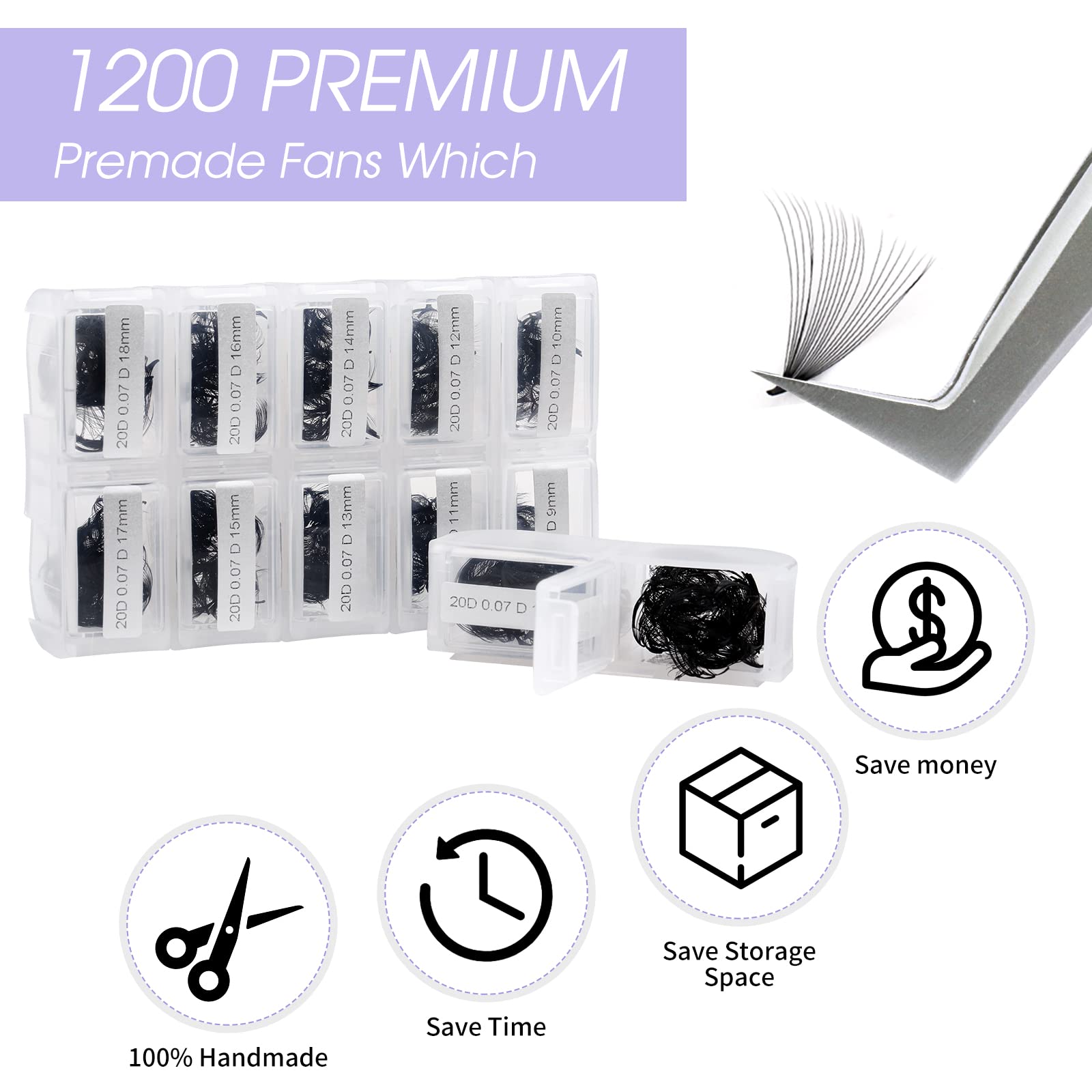Wendy Lashes Premade Fans Eyelash Extensions 1200Pcs Eyelash Extension 20D Volume Lash Extensions Loose Promade Fans D Curl Mixe