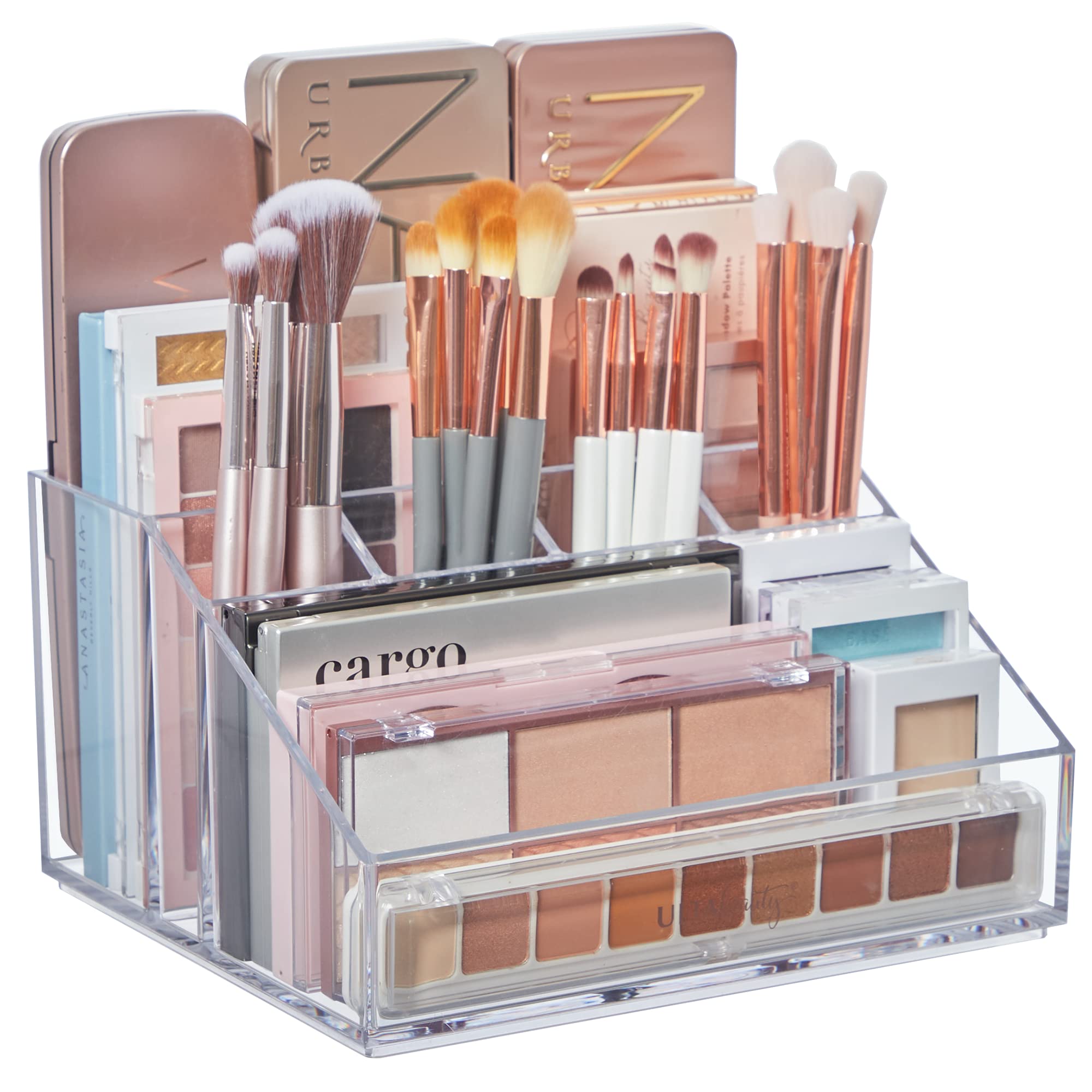 STORi Chloe Clear Plastic Stackable Vanity Makeup Organizer | Rectangular 6-Compartment Holder for Cosmetics, Brushes, Eyeshadow