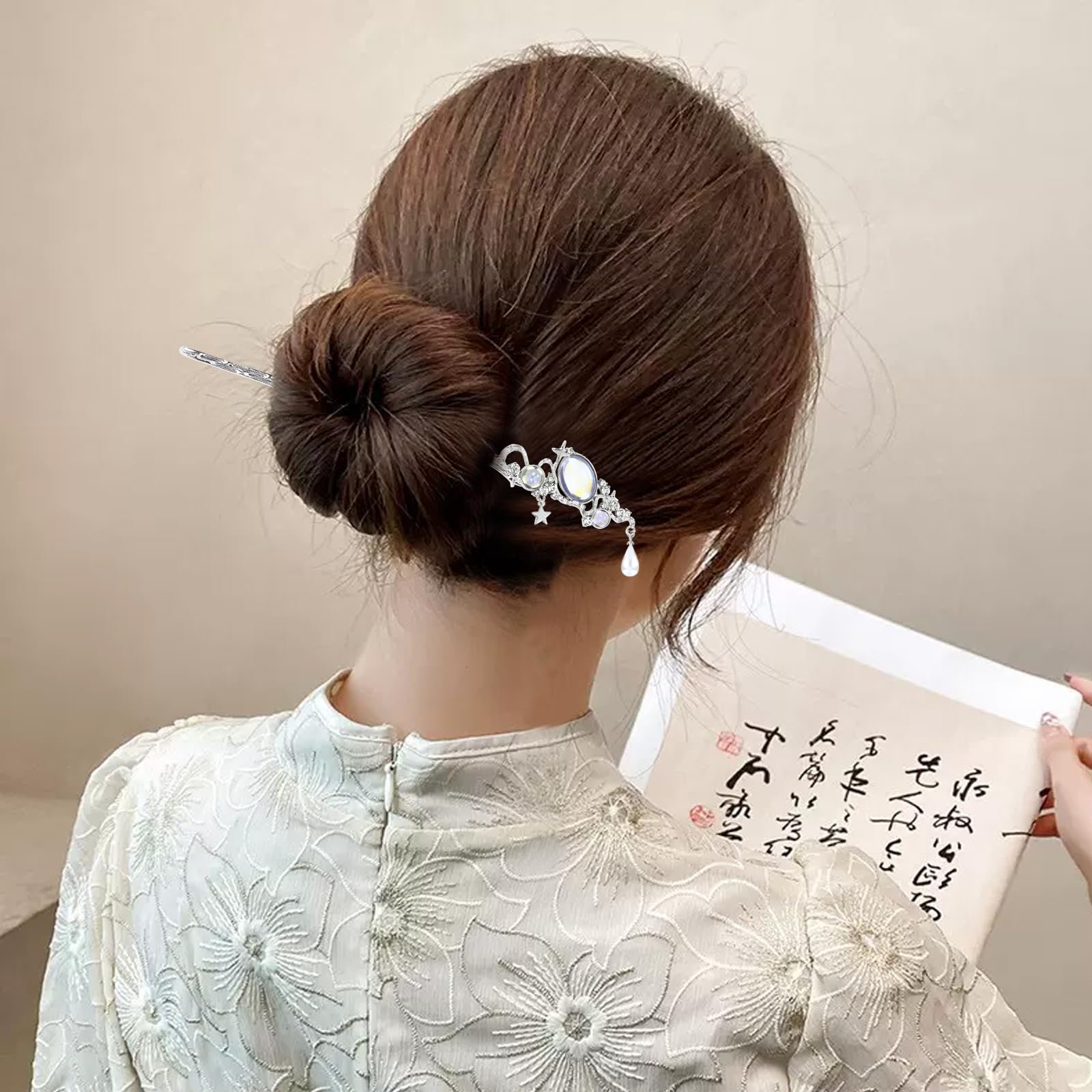 Insowni 8 Pieces Decorative Retro Crystal Pearl Silver Hair Sticks Pins With Pendants Asian Chinese Hanfu Cloud Star Lotus Flowe