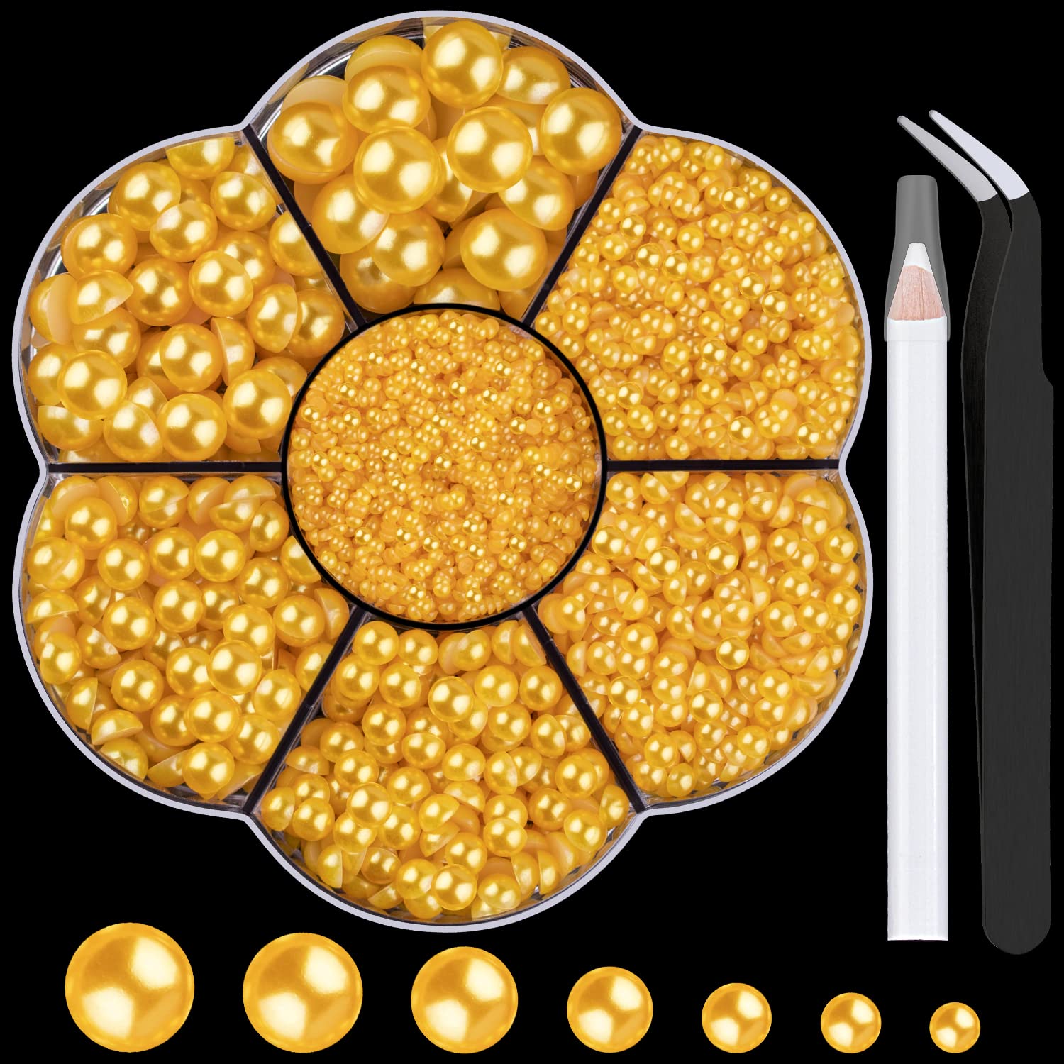 Nail Art Flat Back Half Round Pearl Kits 28, 1 Box of 6000 Pcs Flat-Back Golden Yellow with Tweezer and Picker Pencil for Home D