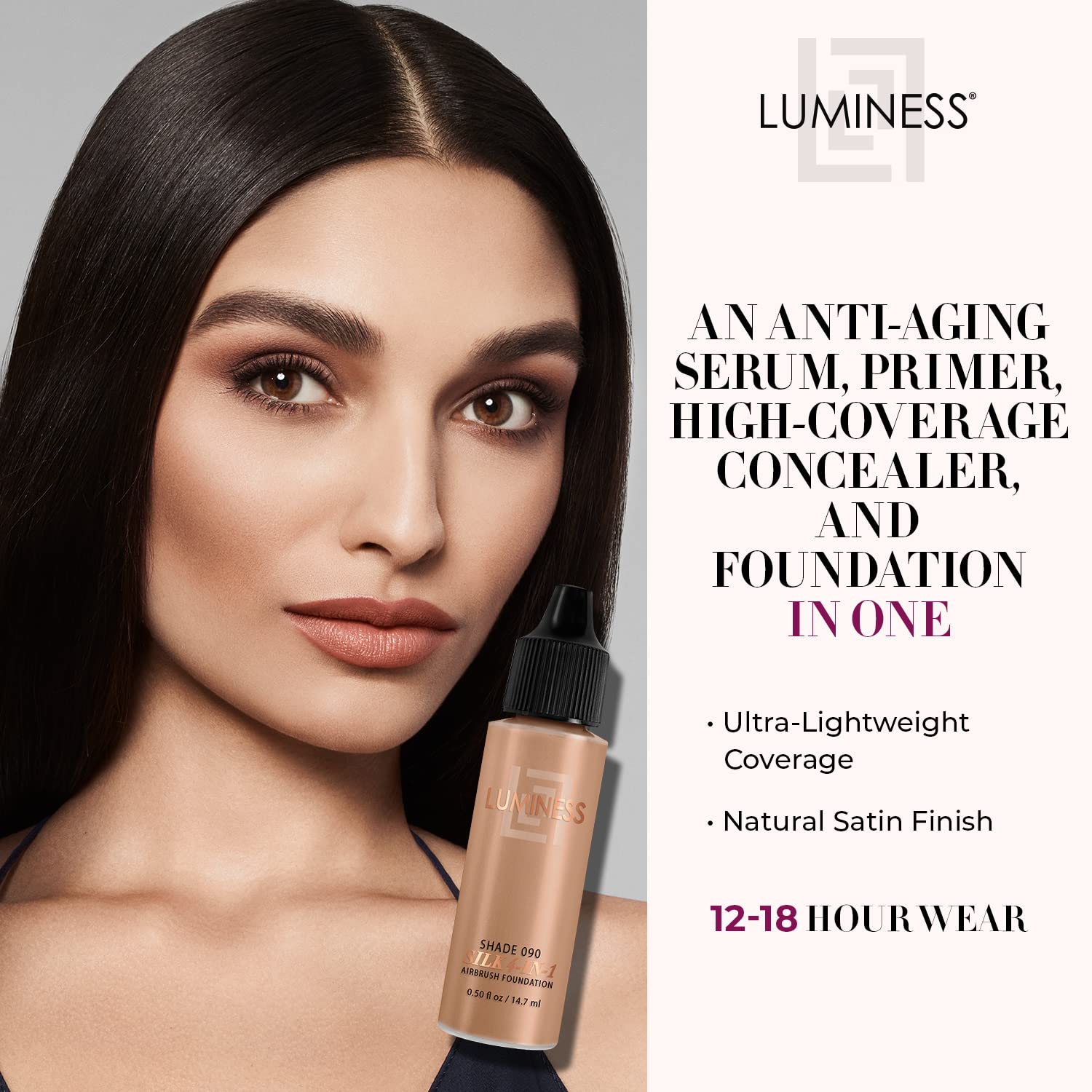 Luminess Air Silk 4-In-1 Airbrush Foundation- Foundation, Shade 090 (.5 Fl Oz) - Sheer to Medium Coverage - Anti-Aging Formula H