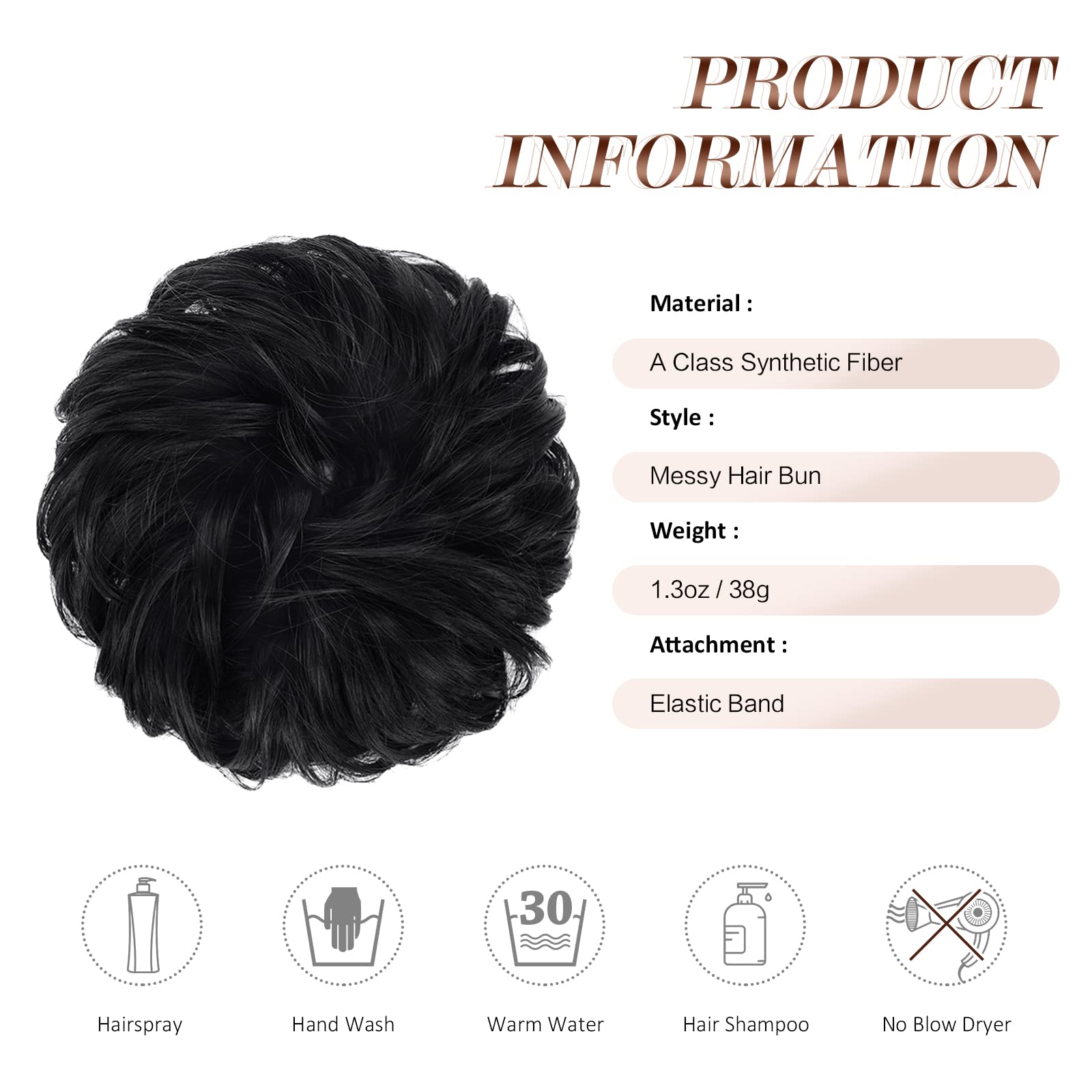 Feshfen Messy Bun Hair Piece Hair Bun Scrunchies Synthetic Jet Black Wavy Chignon Ponytail Hair Extensions Thick Updo Hairpieces
