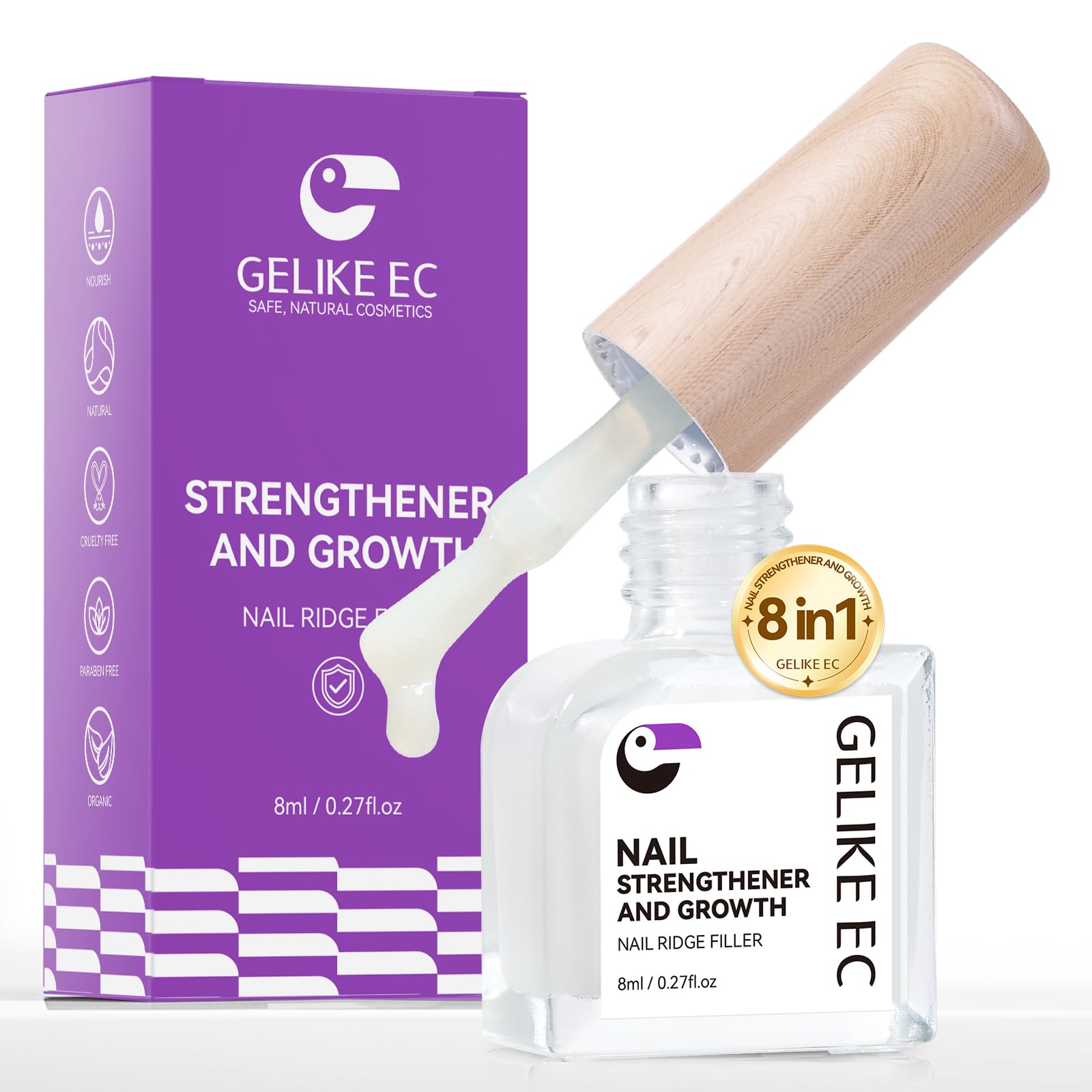 Gelike EC Nail Ridge Filler: Natural Nail Growth Treatment for Weak and Damaged Nails, Protein Nail Hardener for Home Salon Work